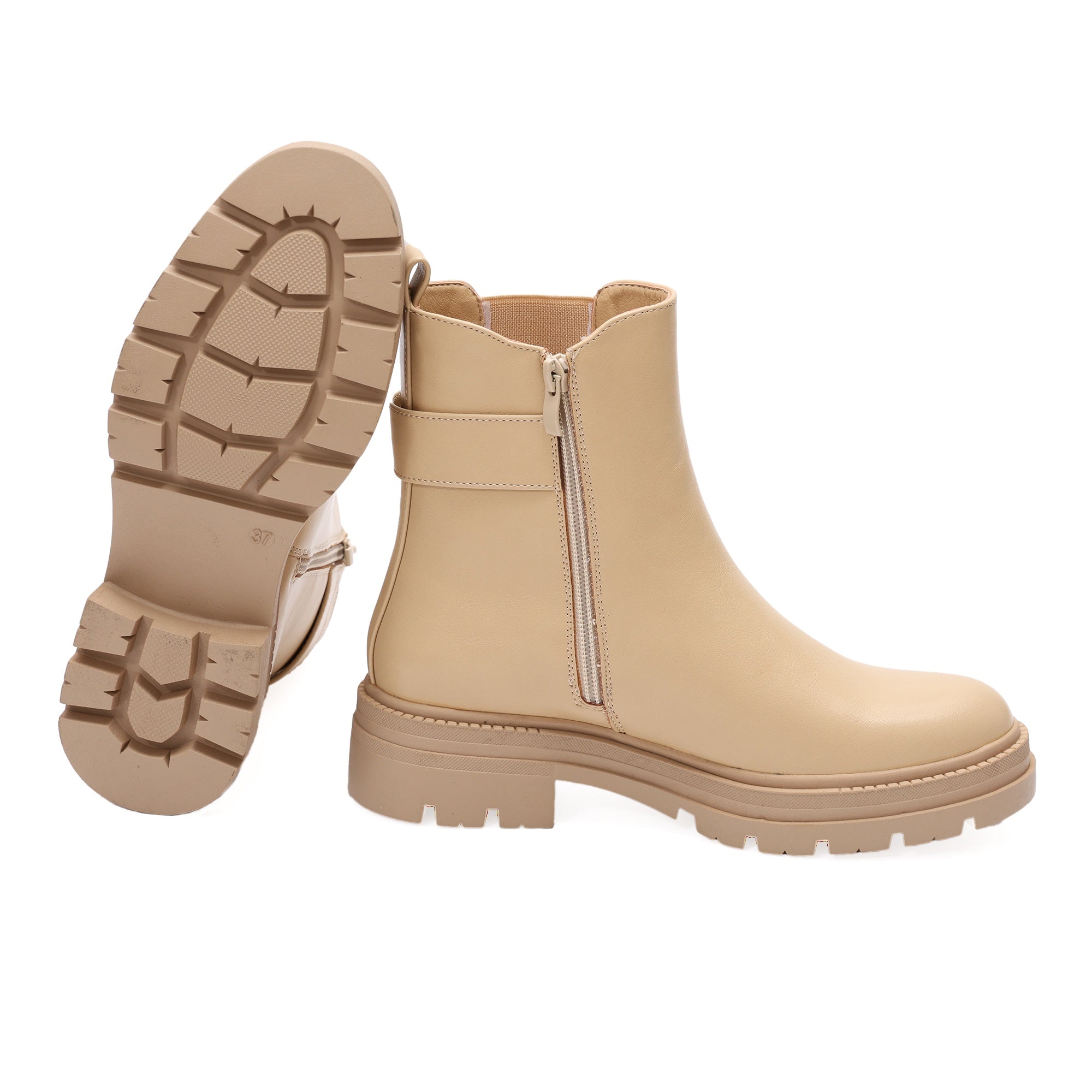 Stivaletto in simil pelle con elastico laterale e fibbia dorata Beige