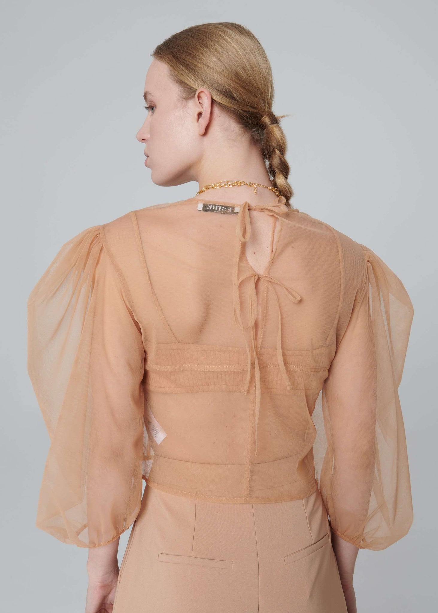 Top corsetto con maniche voluminose in tulle - Beige