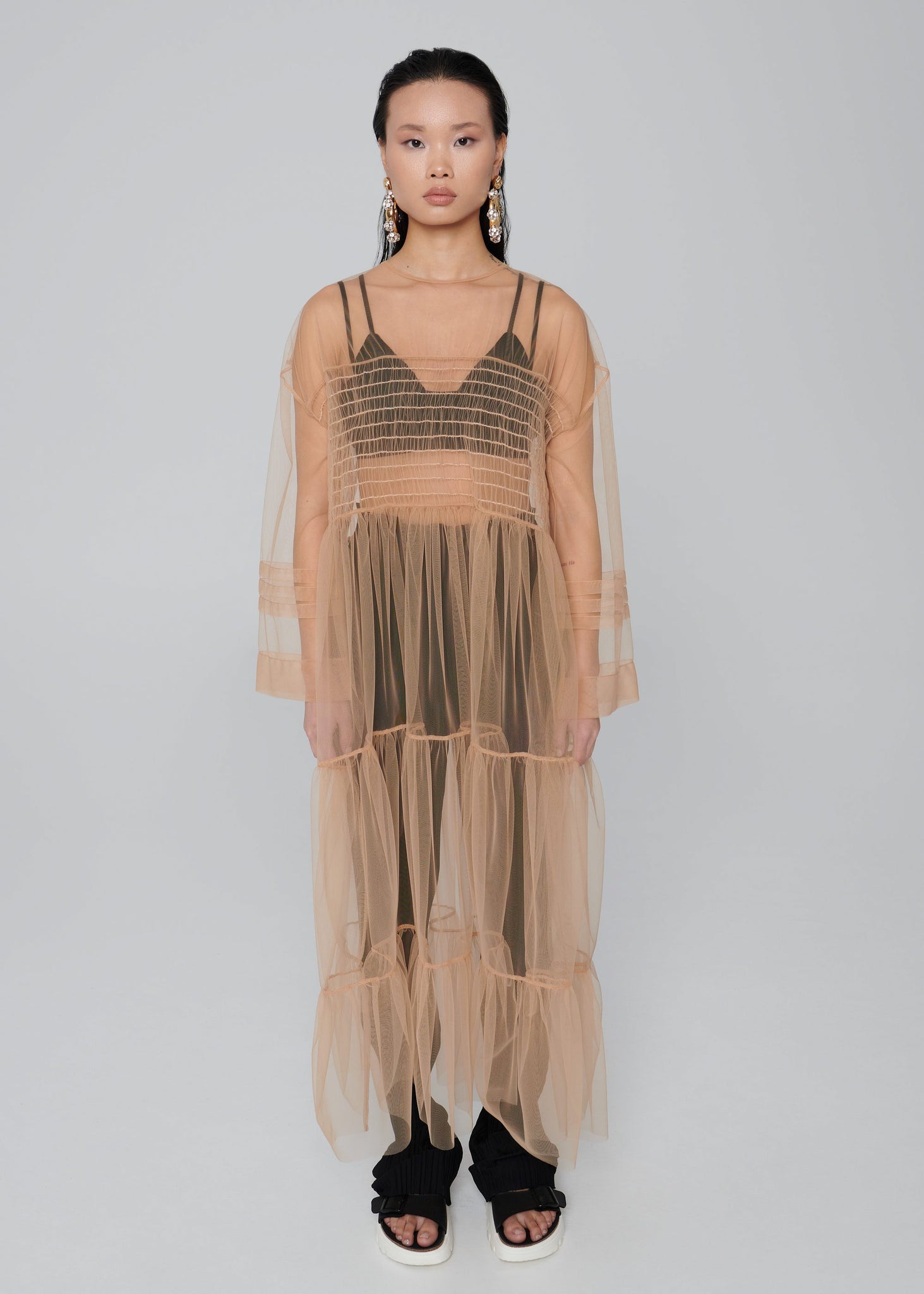 Abito lungo oversize a strati in tulle - Beige