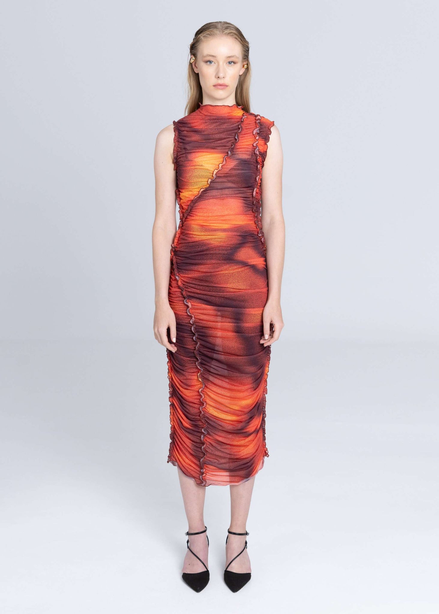 Asymmetric Gathered Midi Dress