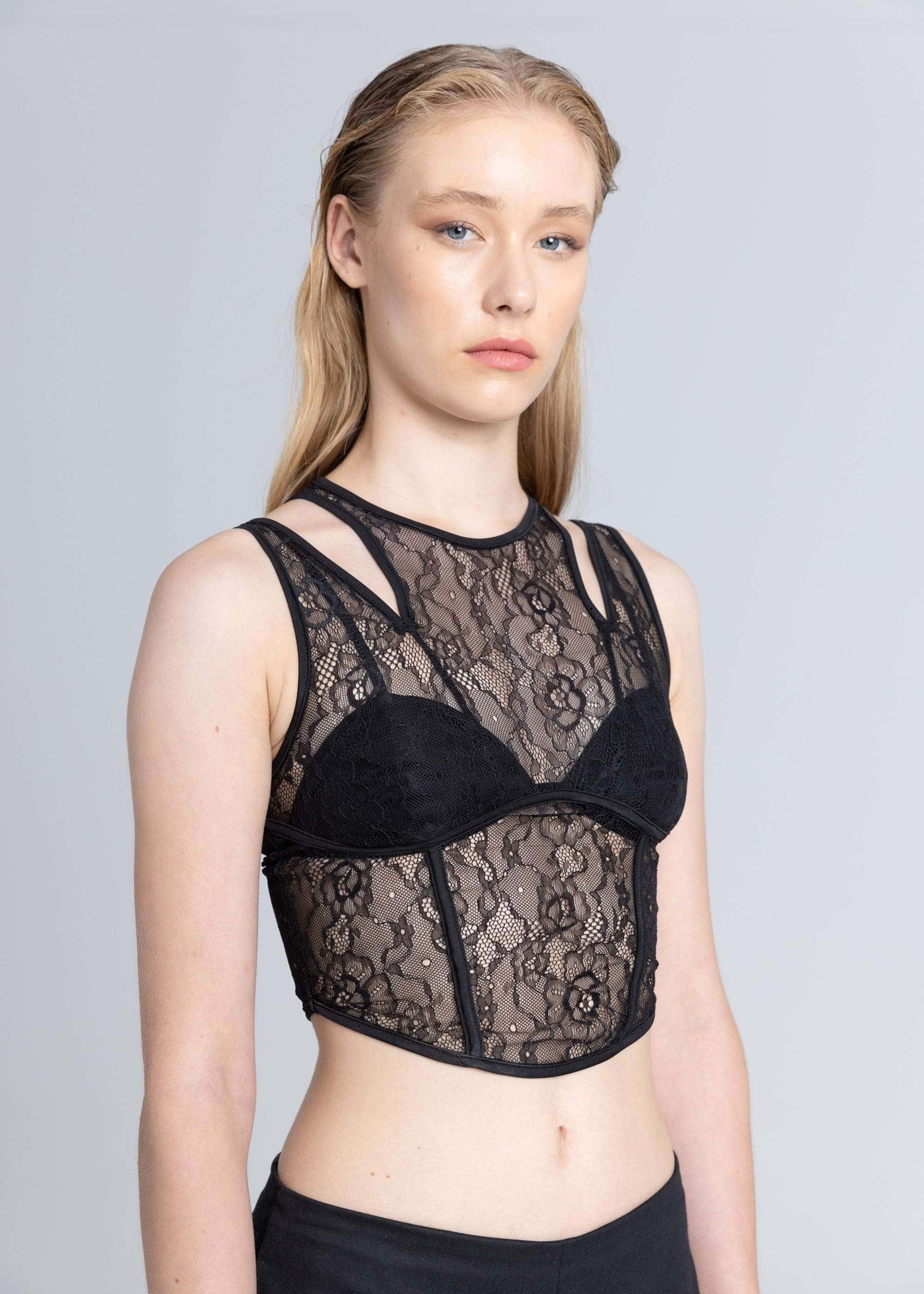 Top corsetto in pizzo trasparente - Nero
