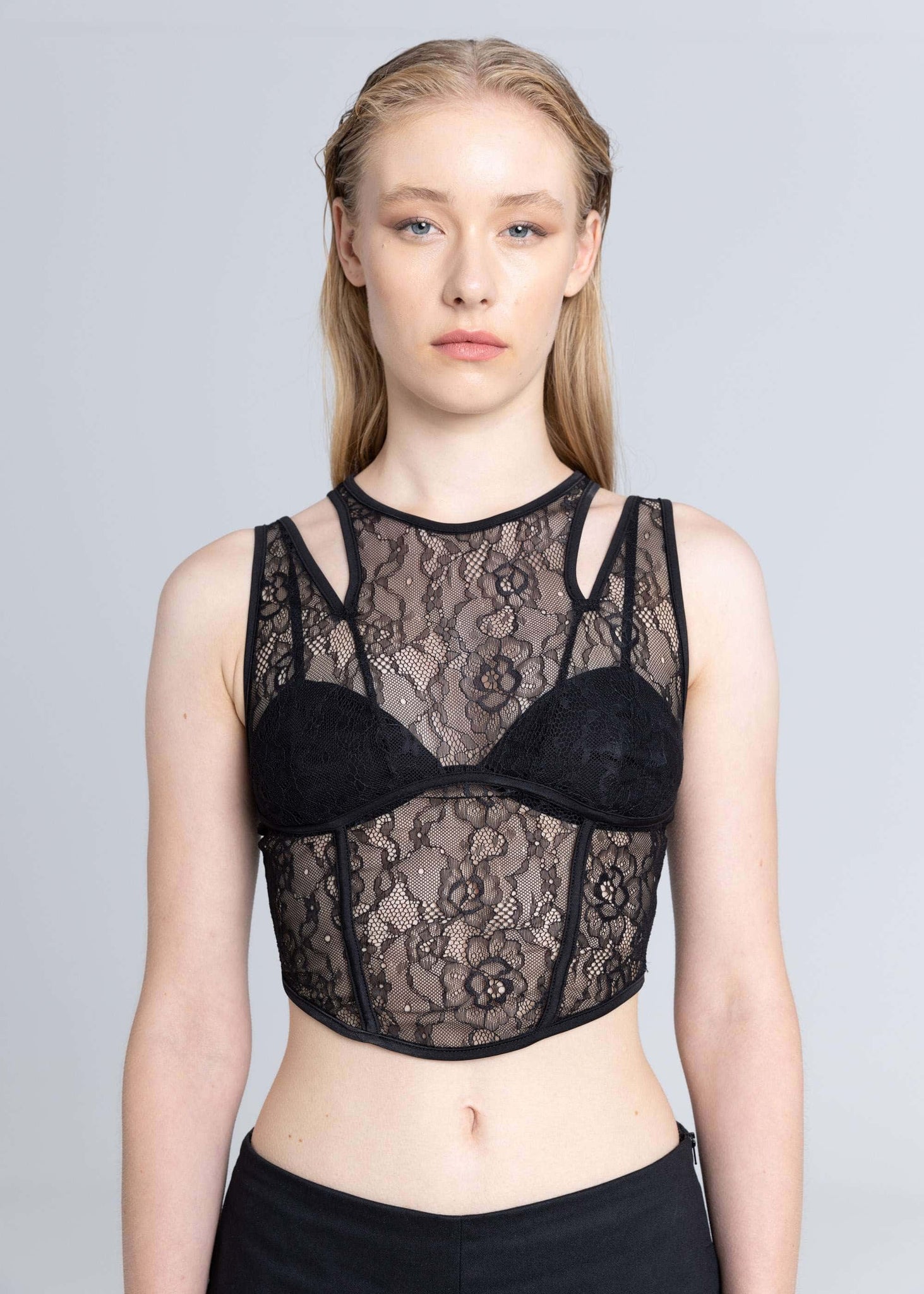 Top corsetto in pizzo trasparente - Nero