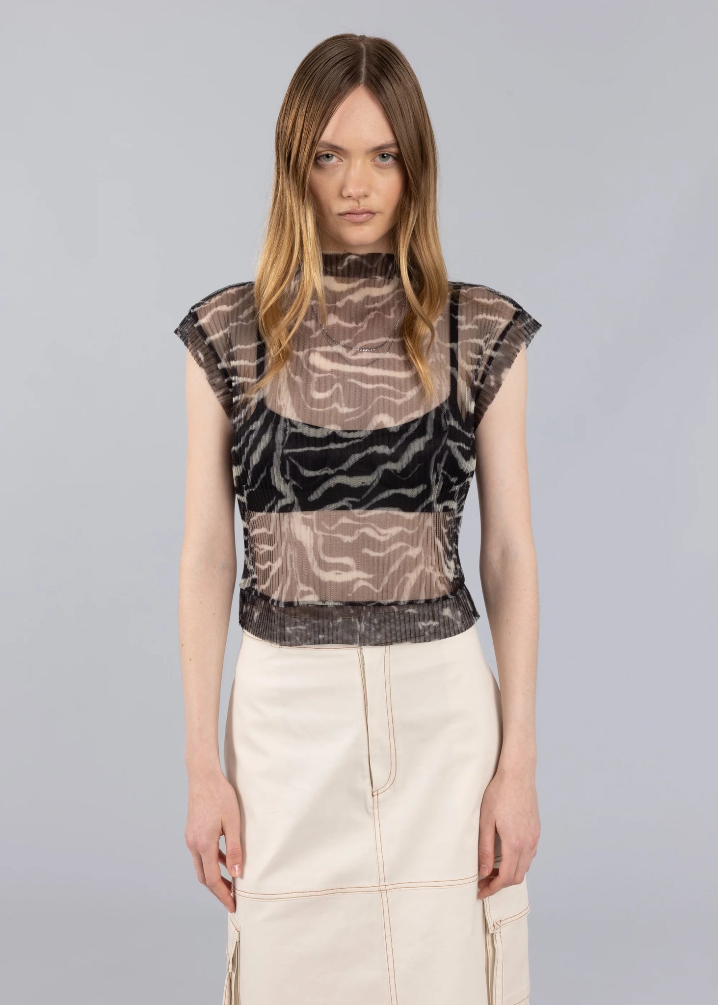 Animal Print Sheer Pleated Top ESTHÉ