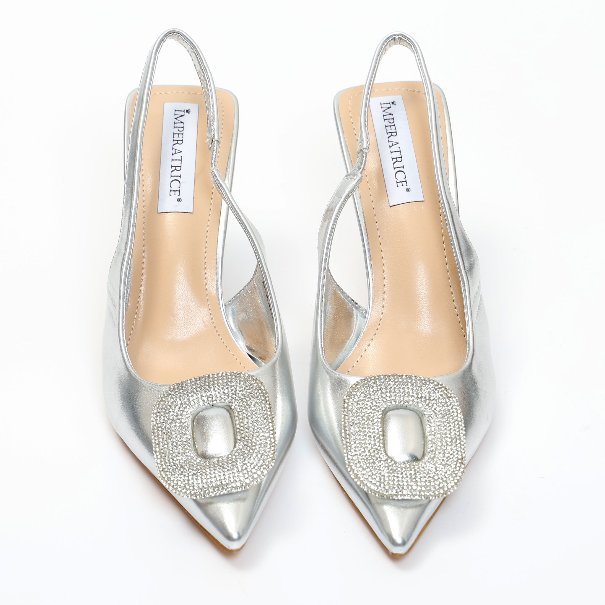 Dècolletè slingback in simil pelle con dettaglio strass sulla punta Argentato