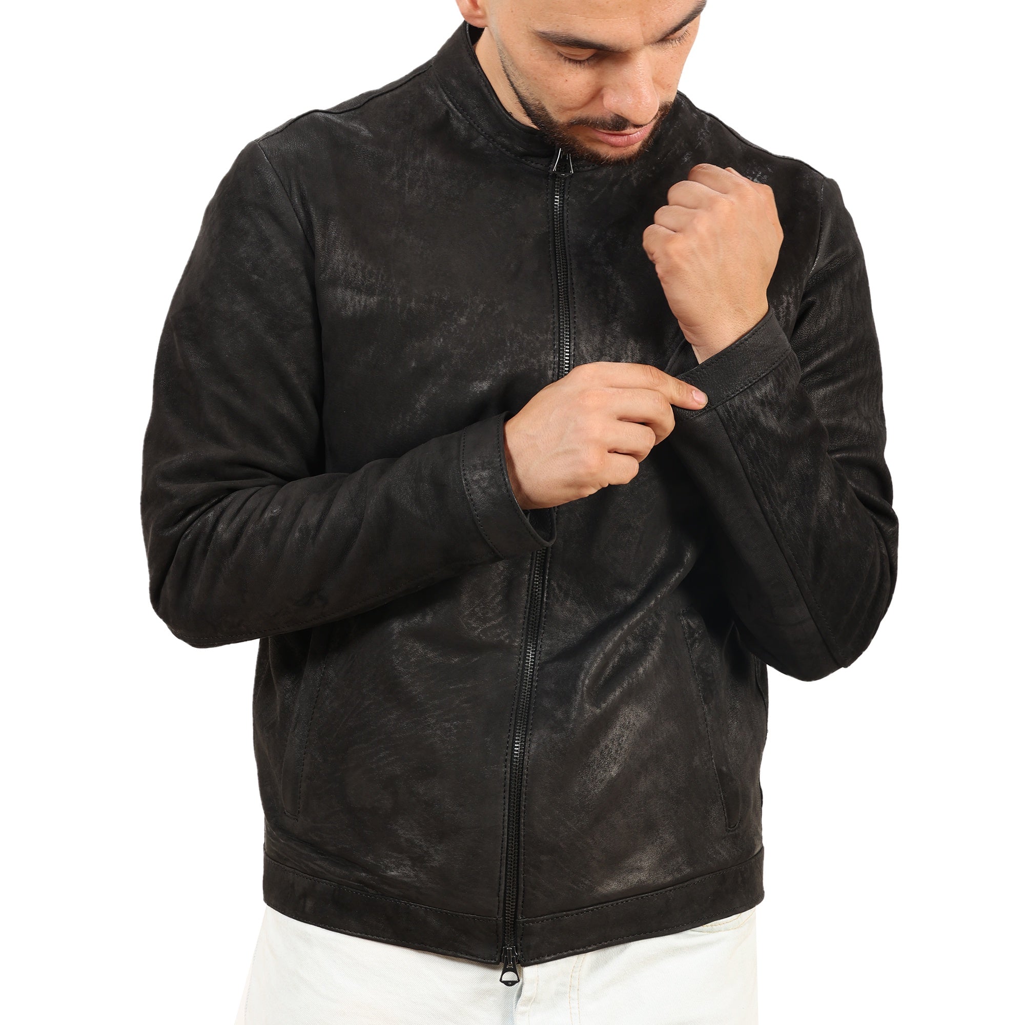 Giubbino in pelle di vitello rifinizione dakota Nero