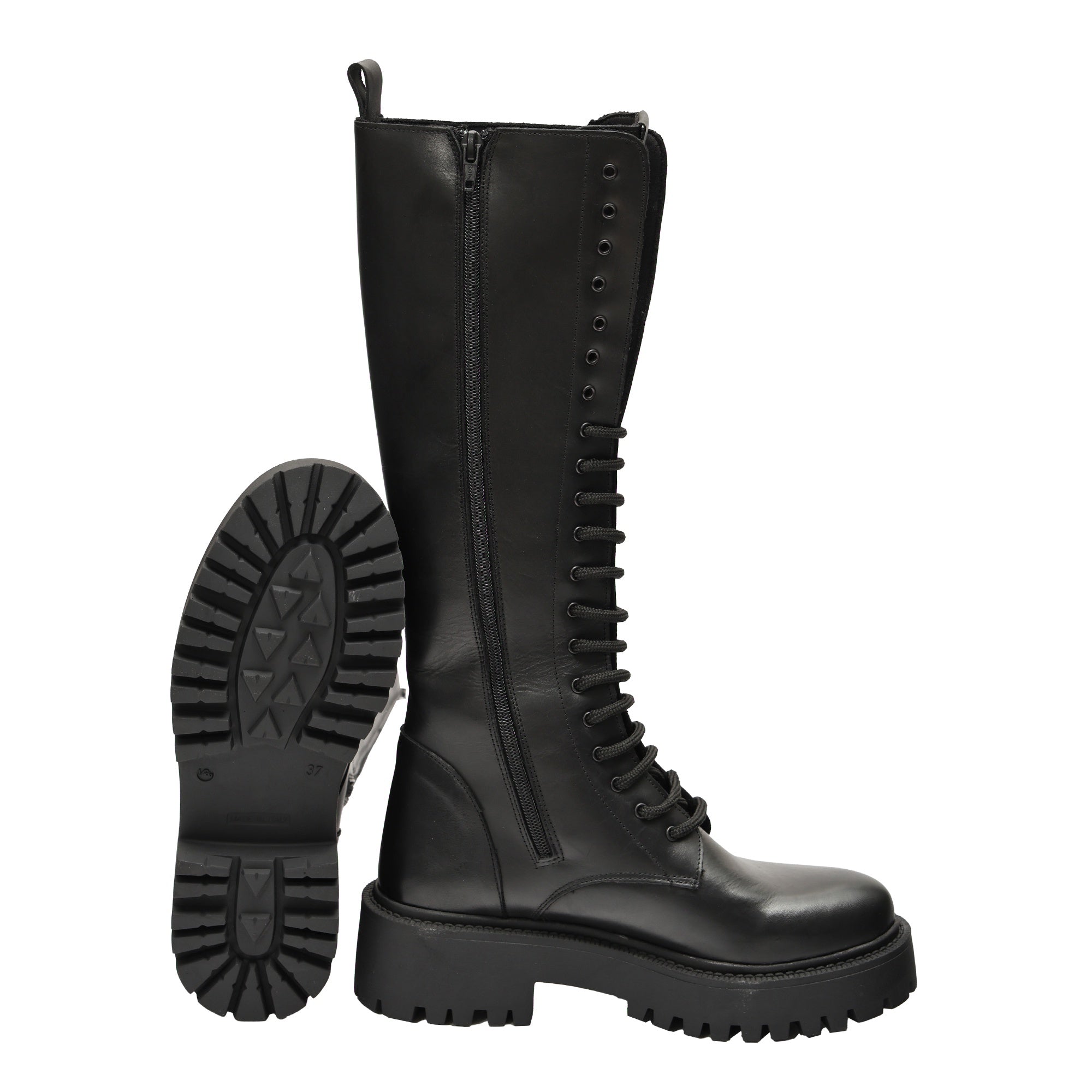Stivale in vera pelle con stringhe Nero
