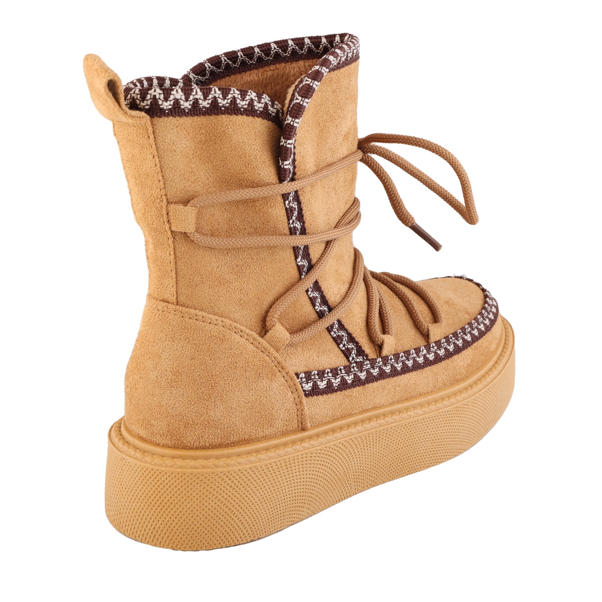 Stivaletti in simil camoscio imbottiti con stringhe e ricamo Cammello