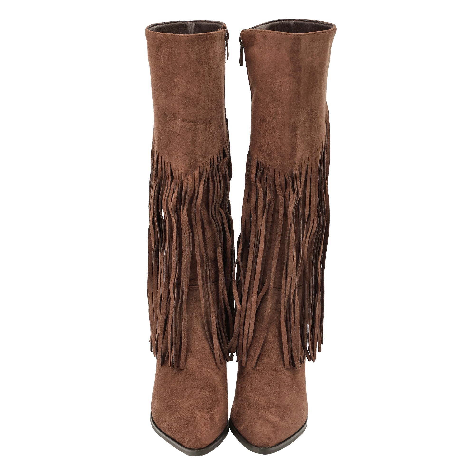 Stivali in simil camoscio con frange e tacco a spillo Marrone