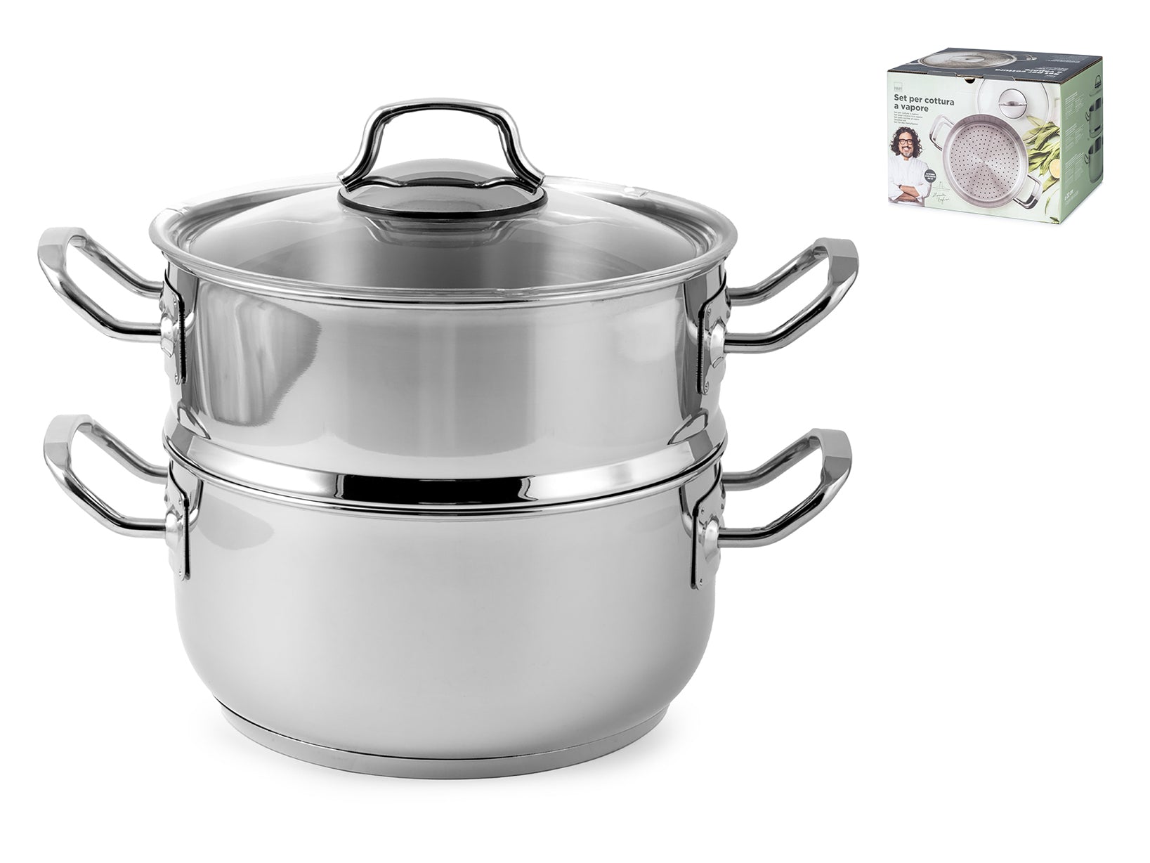 Set Per Cottura A Vapore In Acciaio Inox 18/10 Triplo Fondo, Cm22