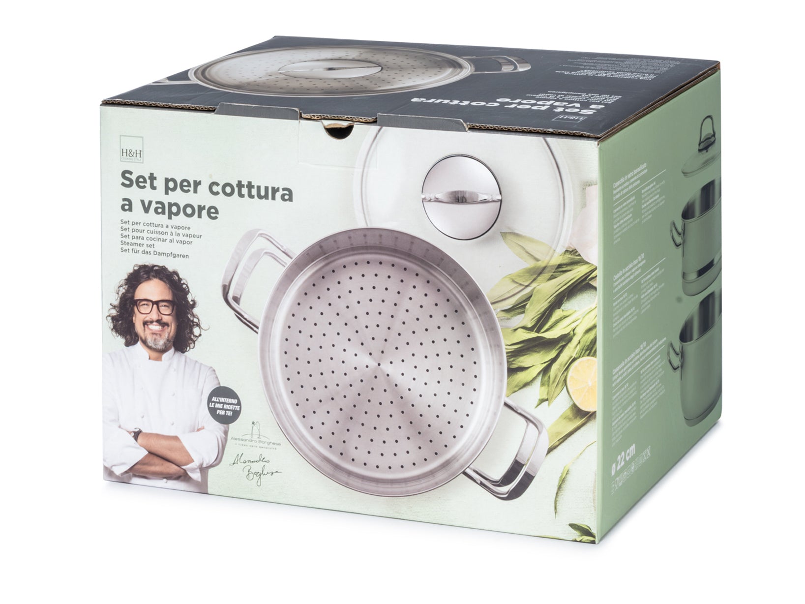 Set Per Cottura A Vapore In Acciaio Inox 18/10 Triplo Fondo, Cm22