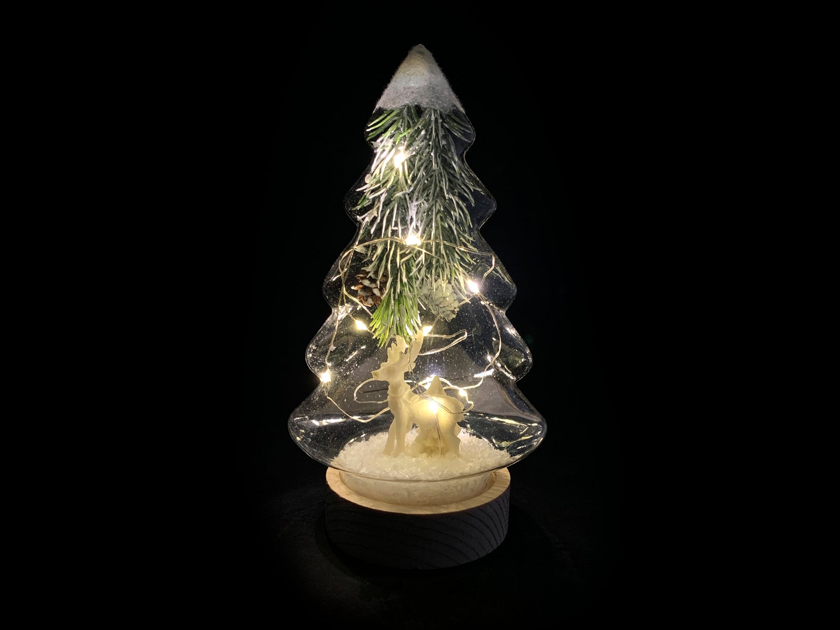 Albero Natale in vetro con led su base legno h 21