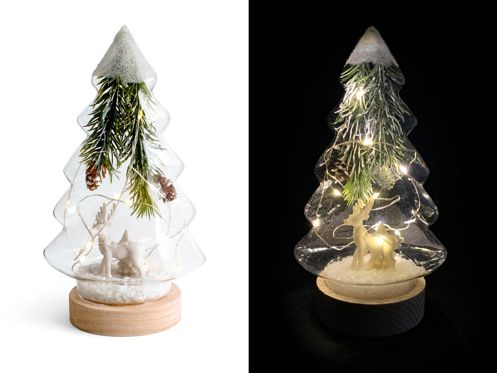 Albero Natale in vetro con led su base legno h 21