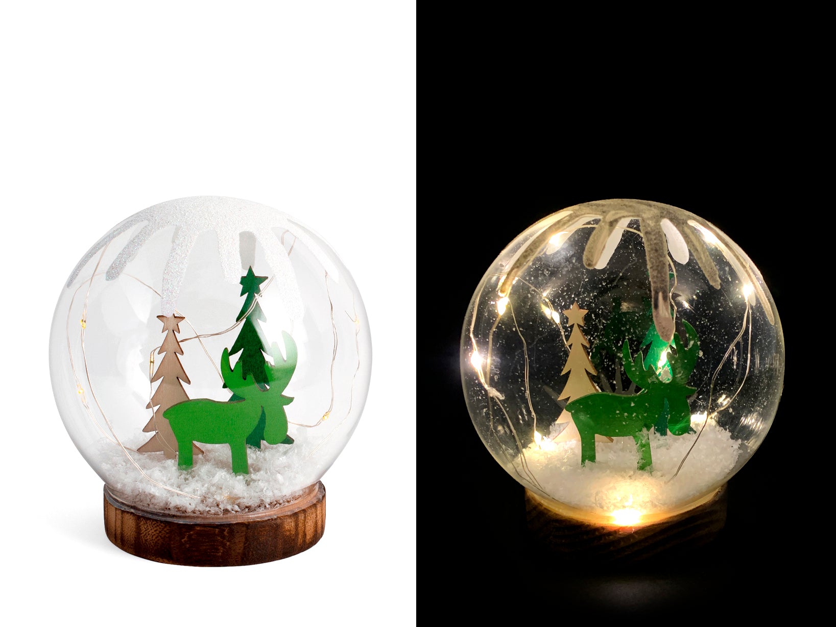Sfera in vetro Natale con led  su base legno h 13