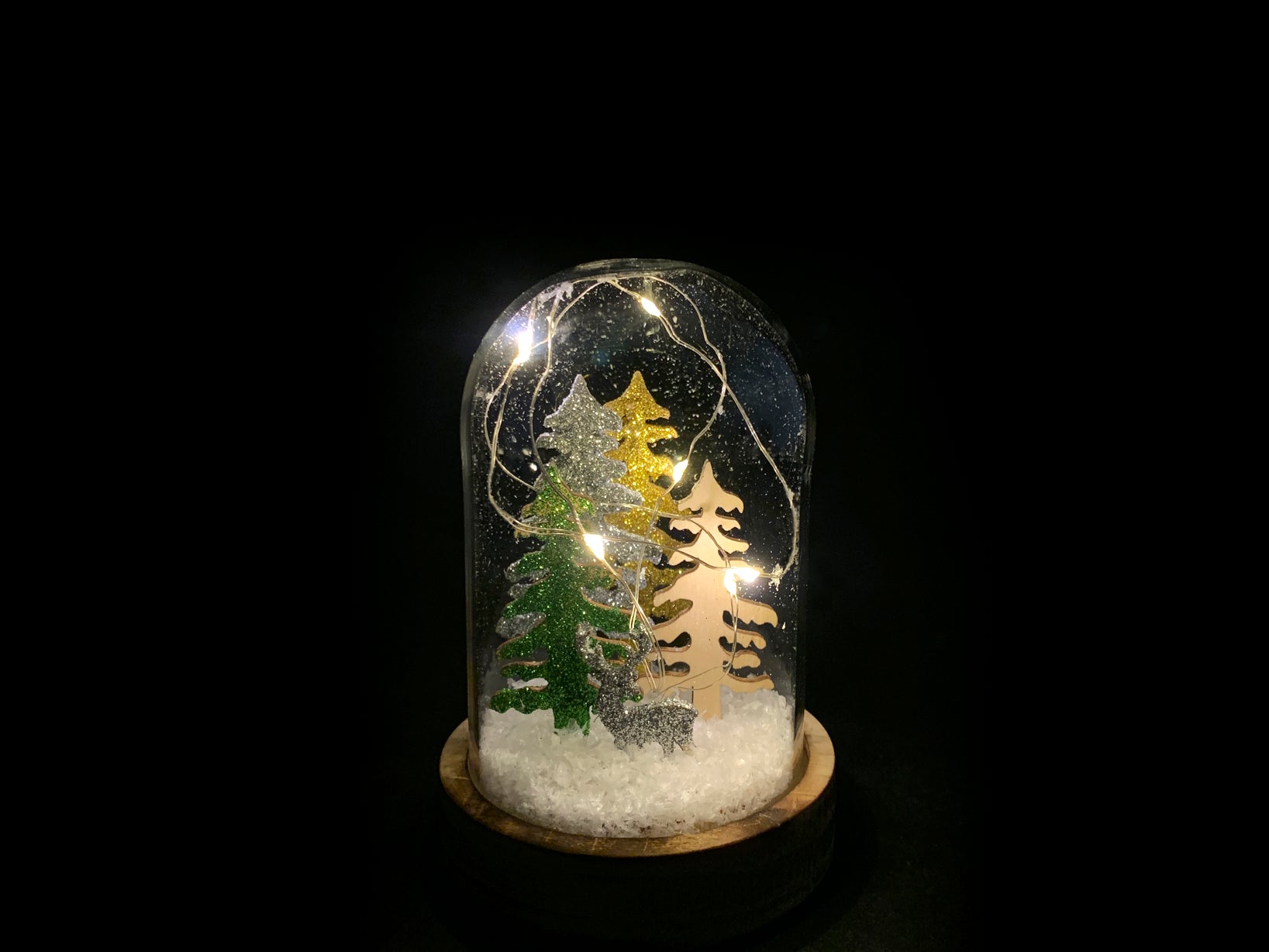 Campana in vetro Natale con led su base legno h 14