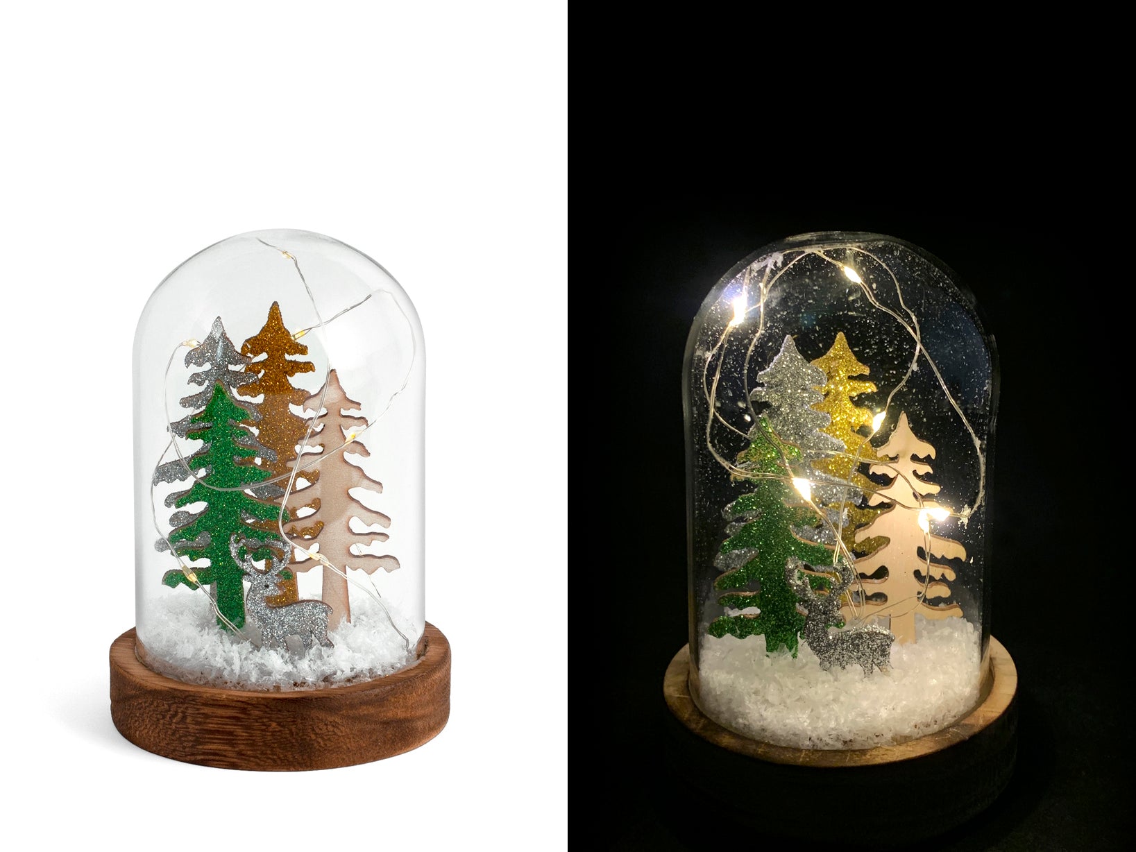 Campana in vetro Natale con led su base legno h 14