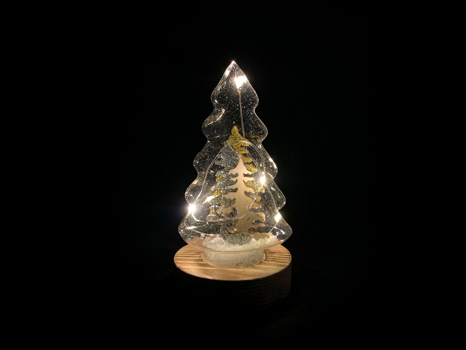 Albero Natale in vetro con led su base legno h 16