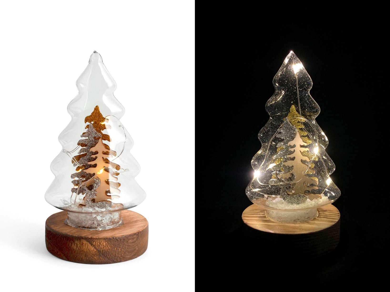 Albero Natale in vetro con led su base legno h 16