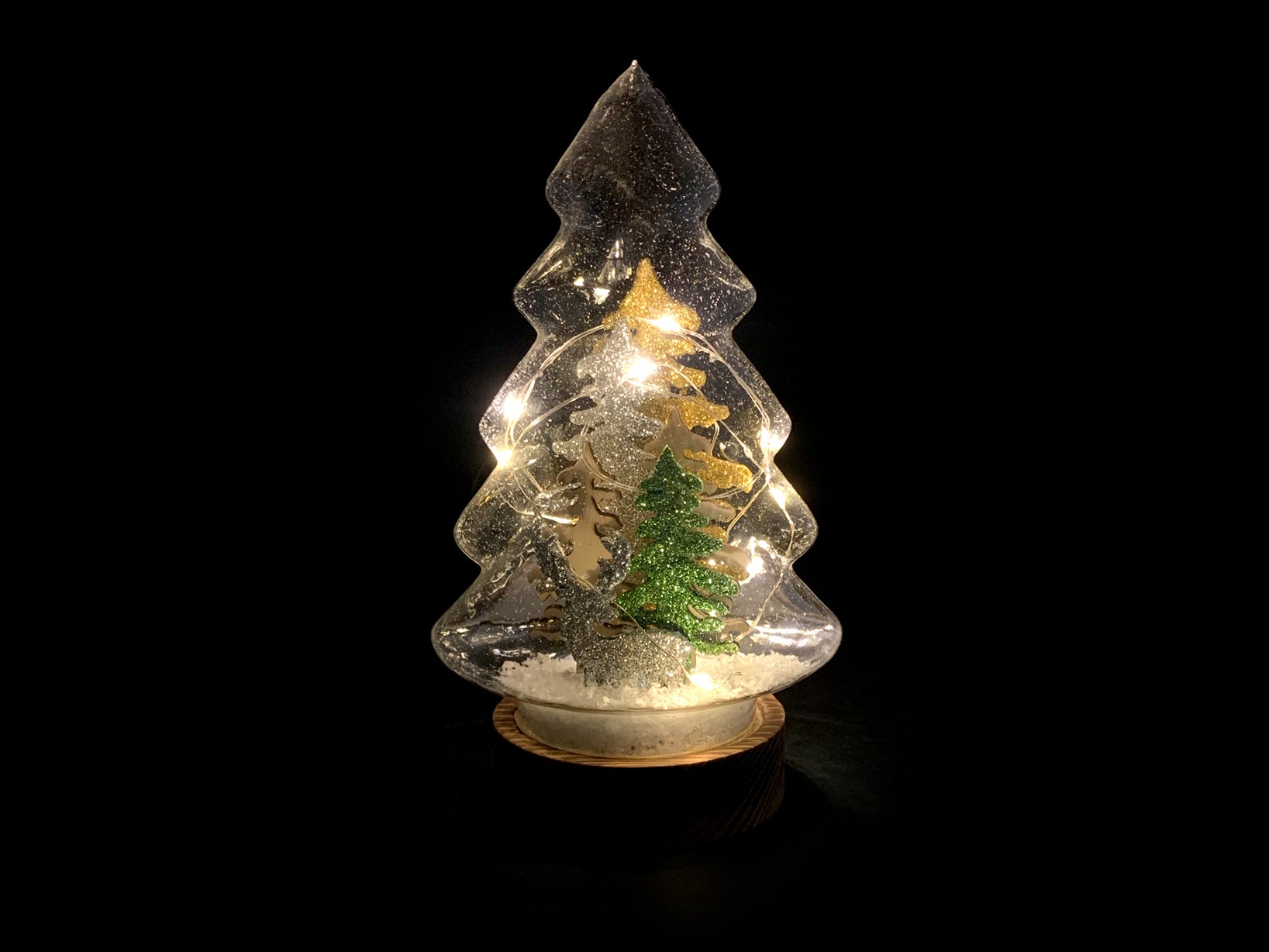 Albero Natale in vetro con led su base legno h 21