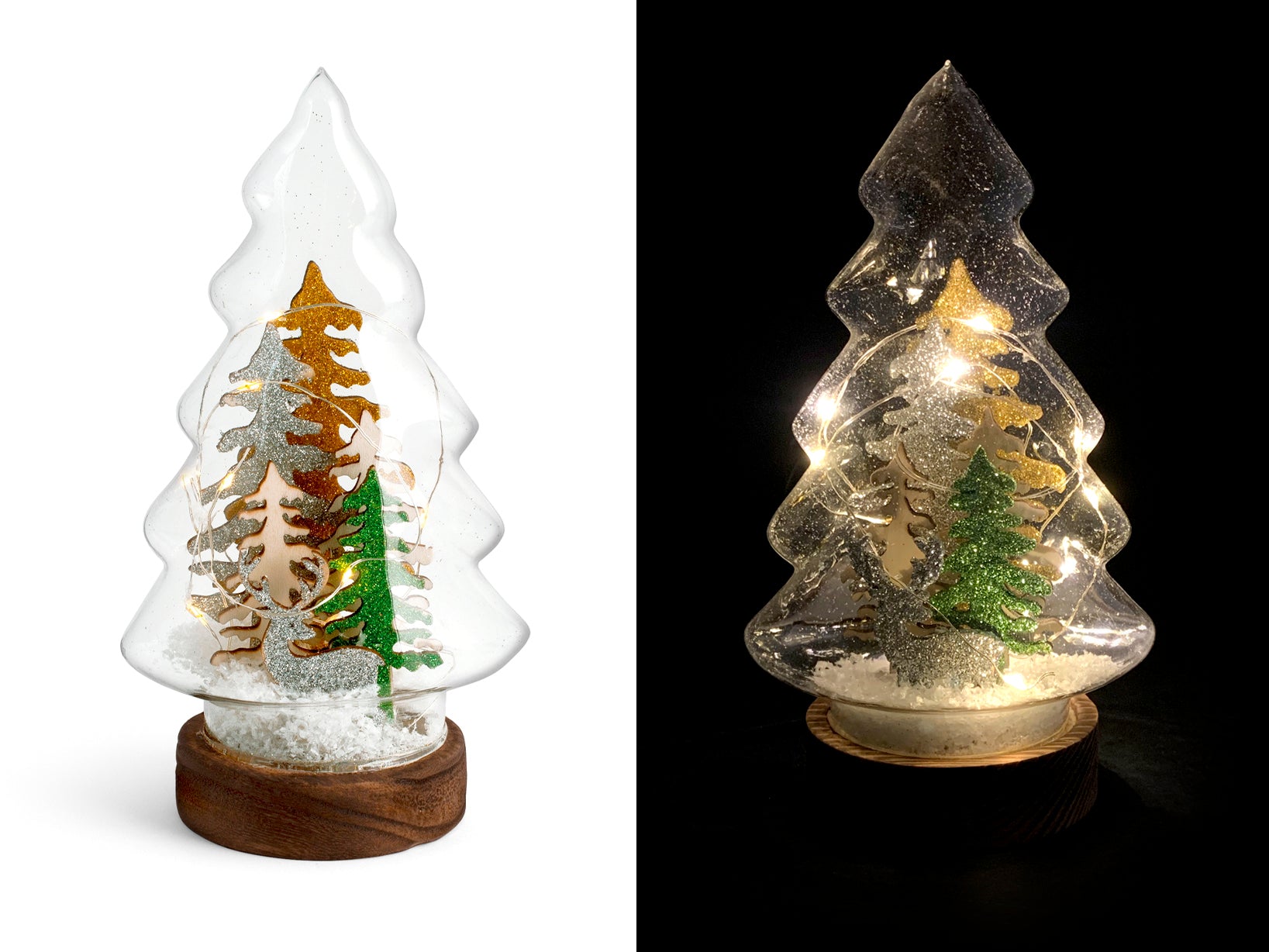 Albero Natale in vetro con led su base legno h 21
