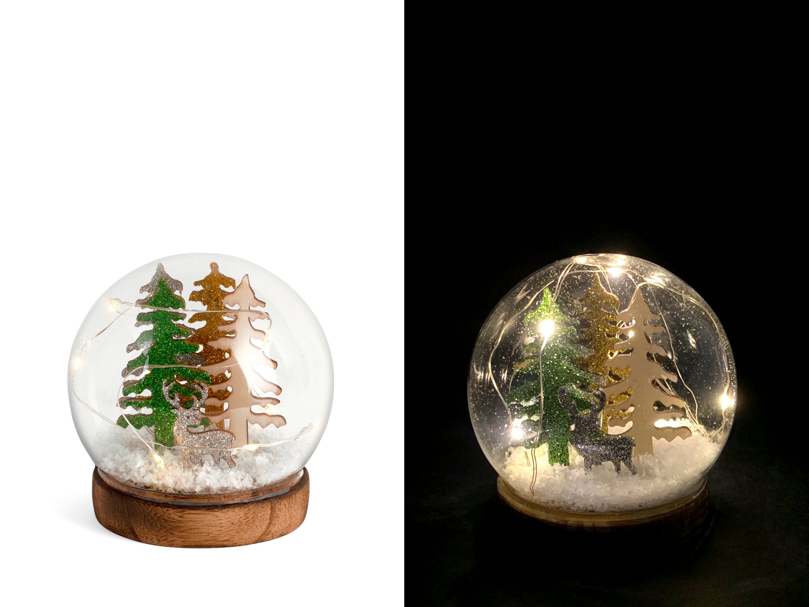 Sfera in vetro Natale con led su base legno h 10,5