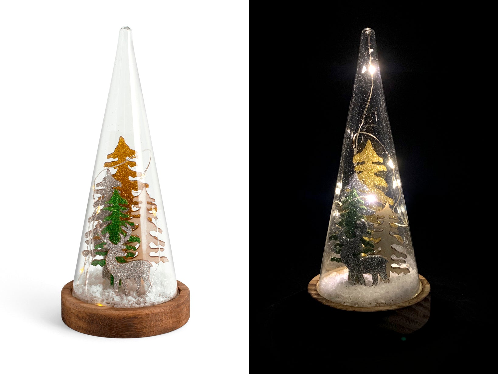 Cono in vetro Natale con led su base legno h 22,5