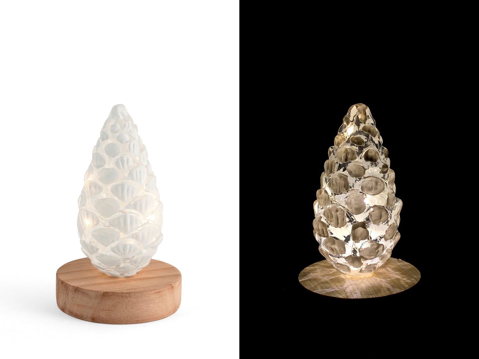 Pigna in vetro con led su base legno h 15