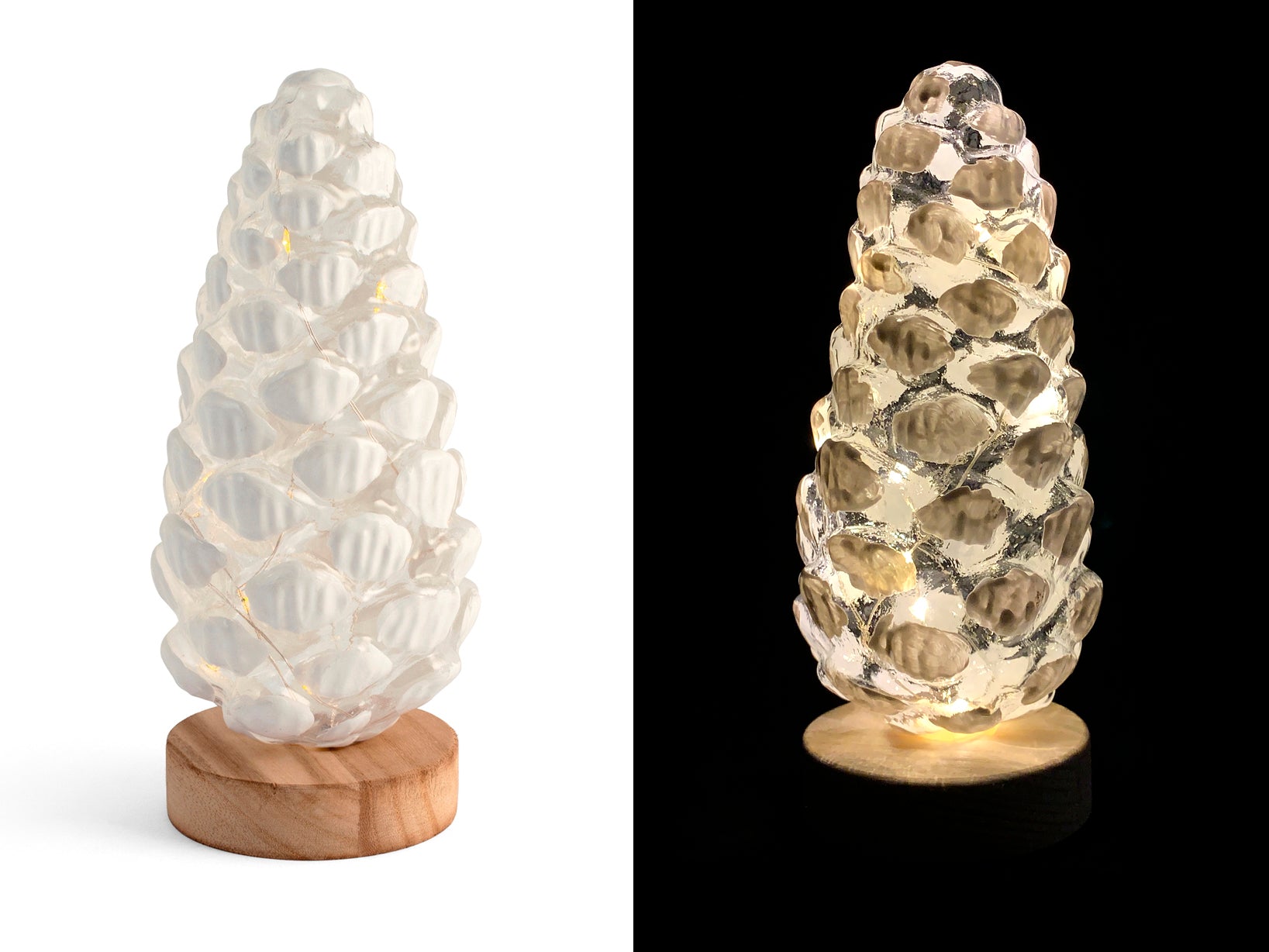 Pigna in vetro Natale con led su base legno h 21