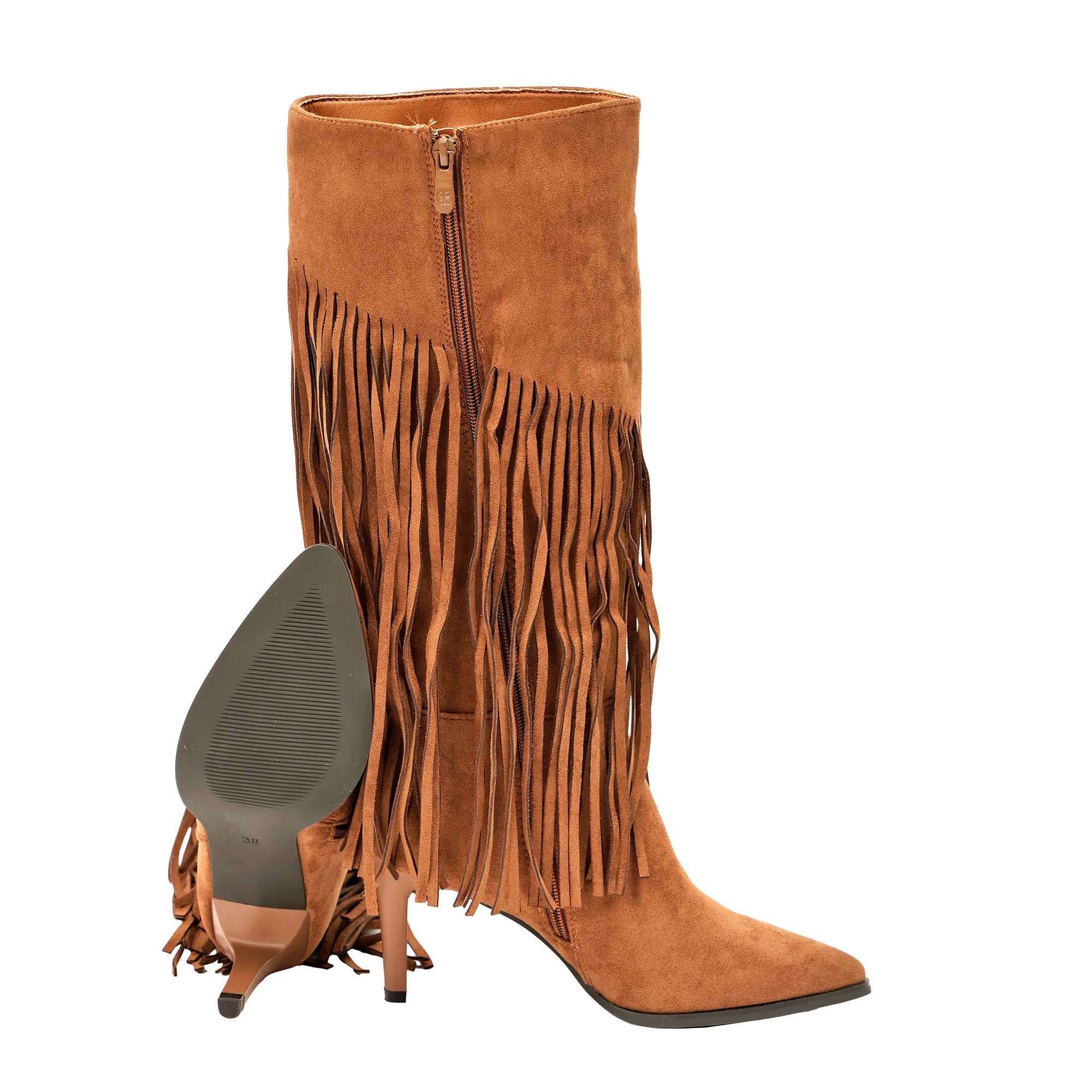 Stivali in simil camoscio con frange e tacco a spillo Cammello