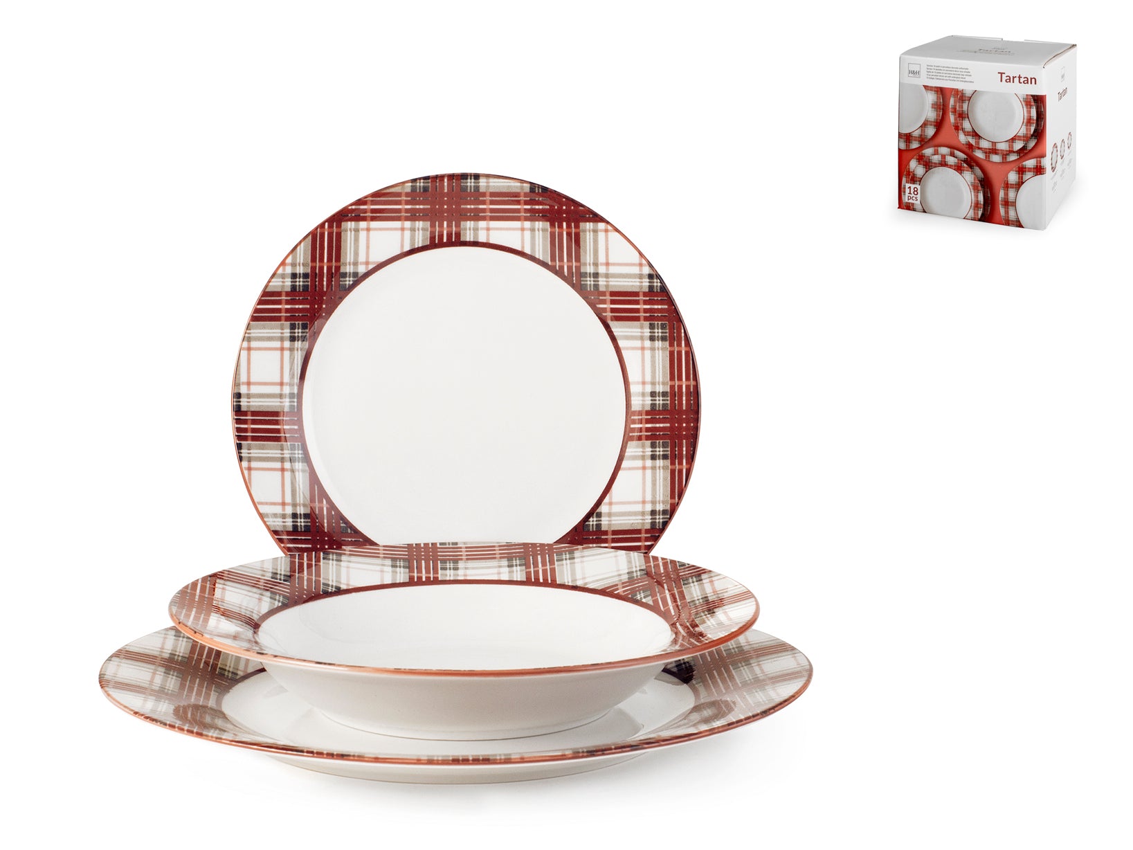 Servizio 18 pezzi tavola Tartan in porcellana decorata tartan. Composto da 6 piatti piani cm 27, 6 piatti fondi cm 22, 6 piatti frutta cm 19,5. Idoneo al lavaggio in lavastoviglie e all'uso in forno a microonde.