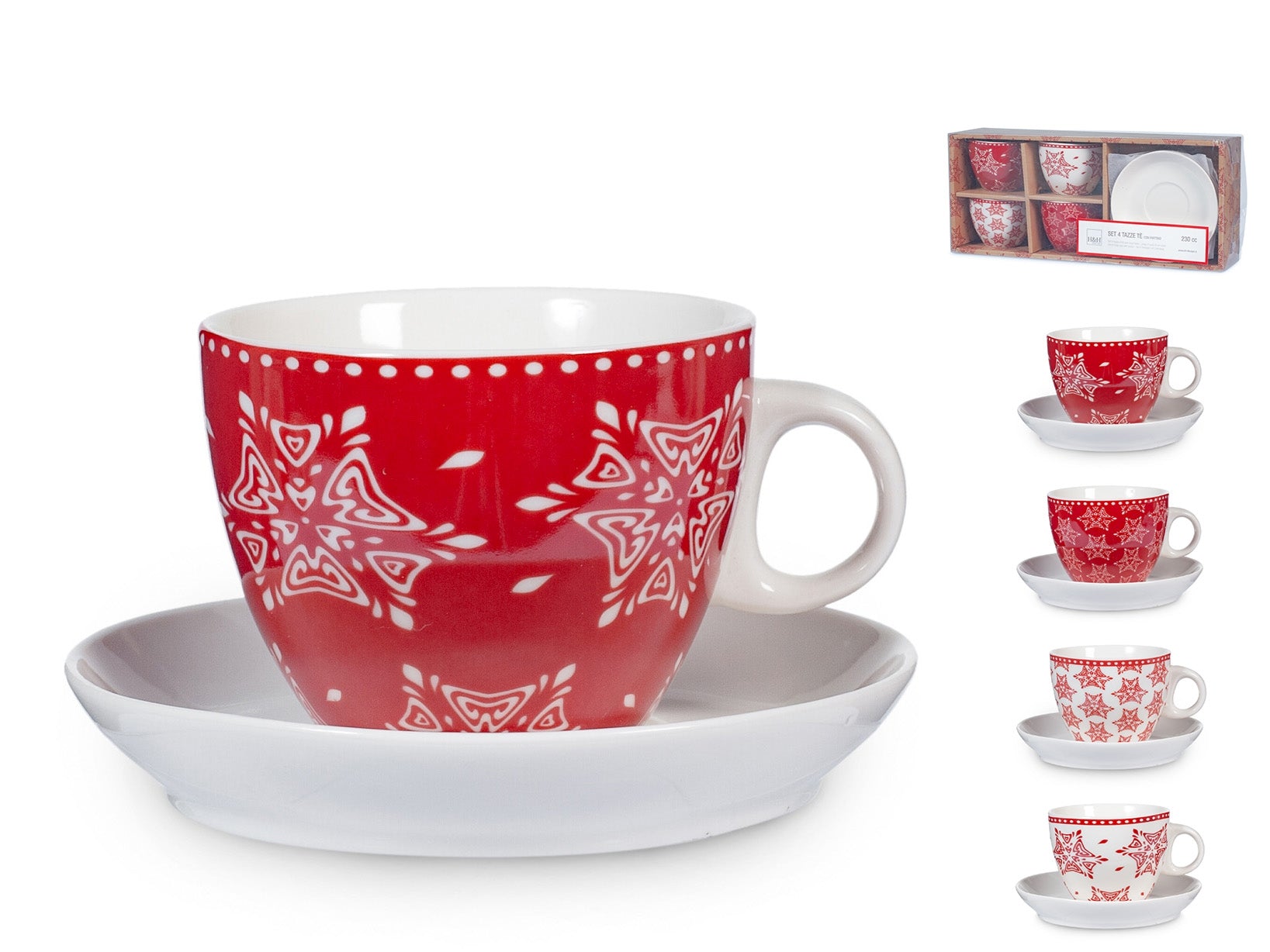 Confezione 4 tazze tè Grace in new bone china rosso con piatto cc 230