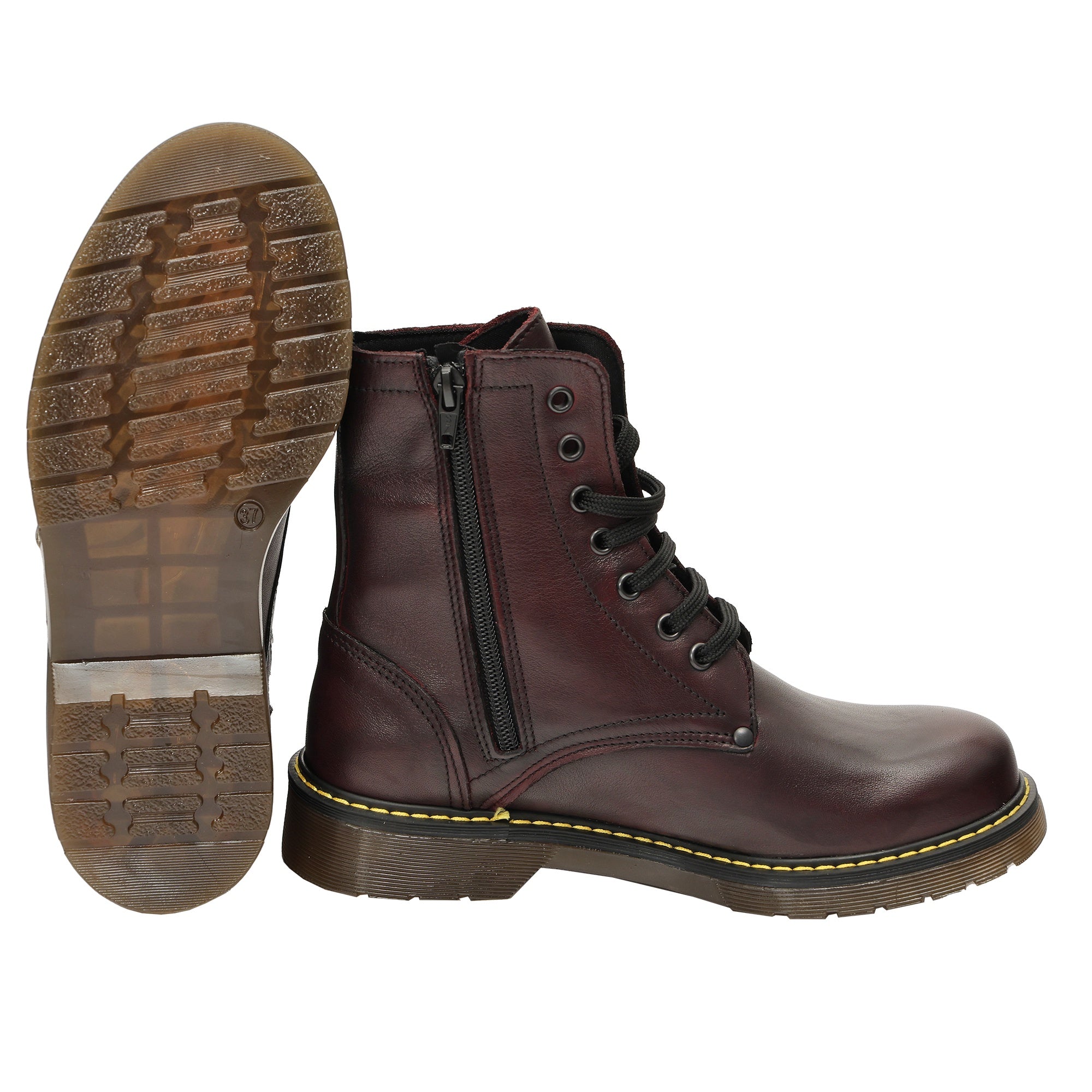 Anfibi in vera pelle con stringhe  e lampo laterale Bordeaux