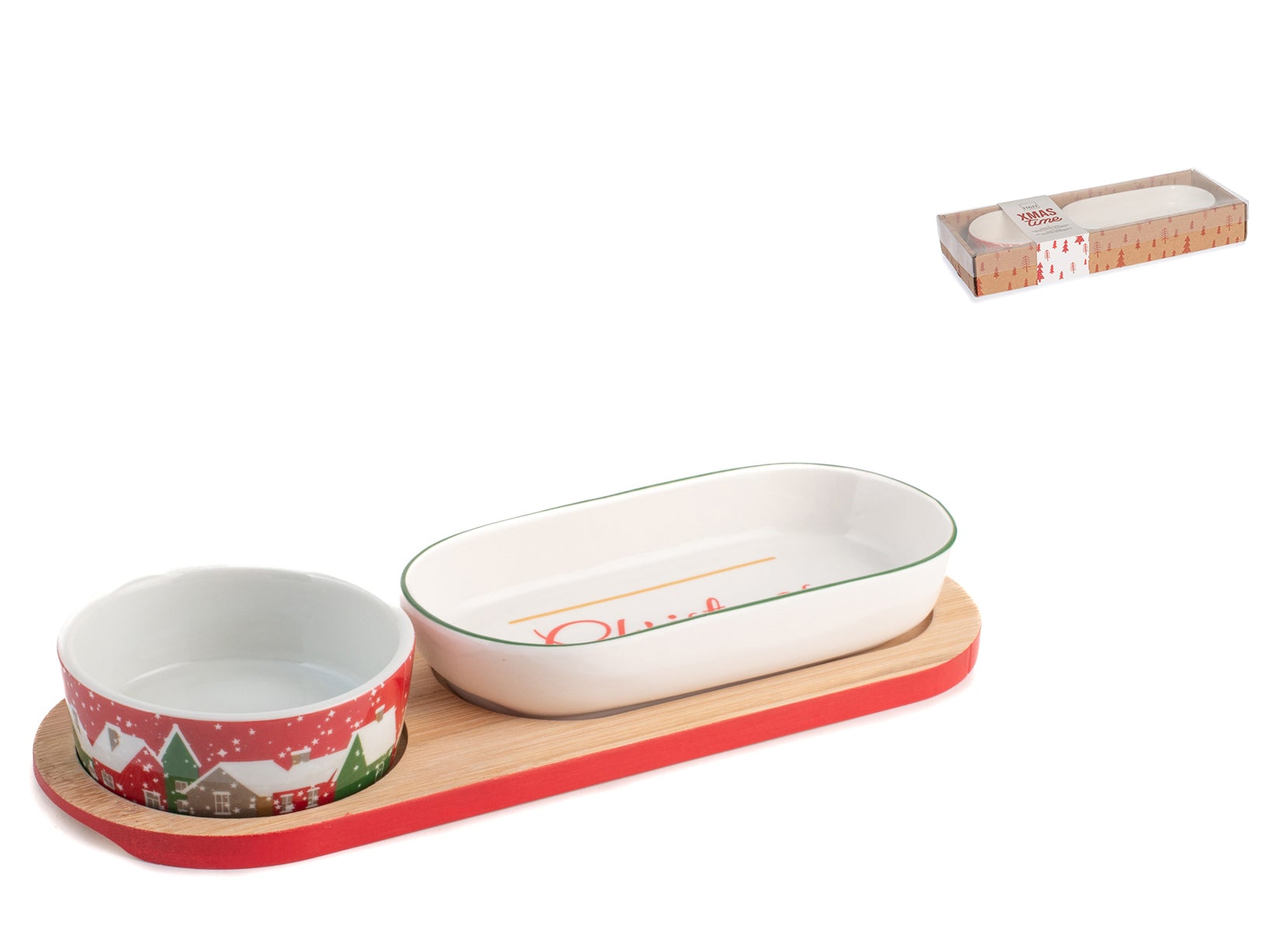 Set 2 coppette in porcellana decoro natale con base in bambù