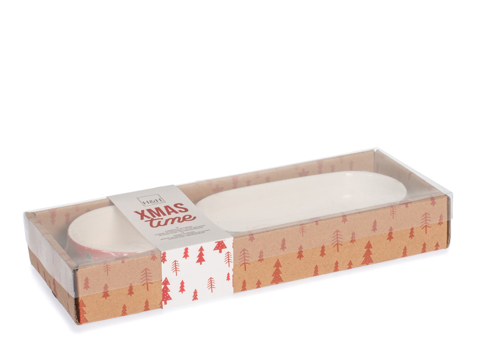 Set 2 coppette in porcellana decoro natale con base in bambù