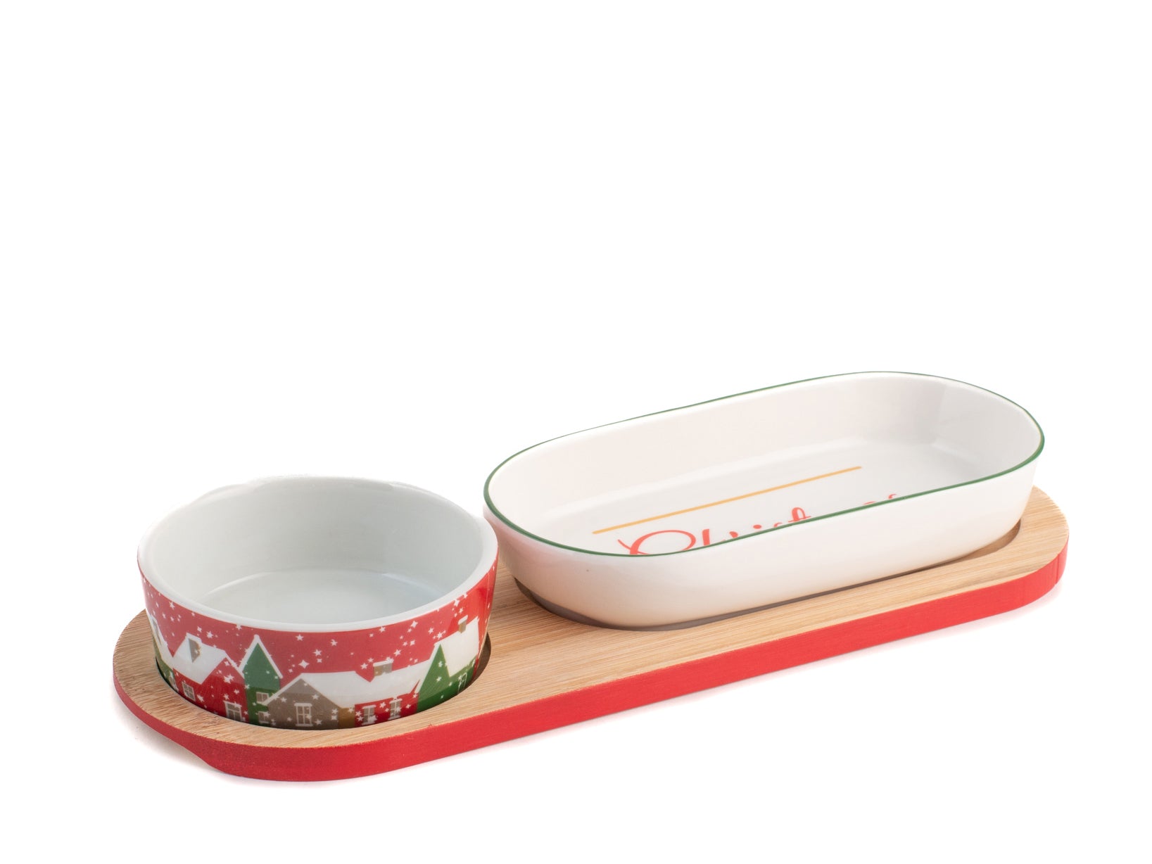 Set 2 coppette in porcellana decoro natale con base in bambù