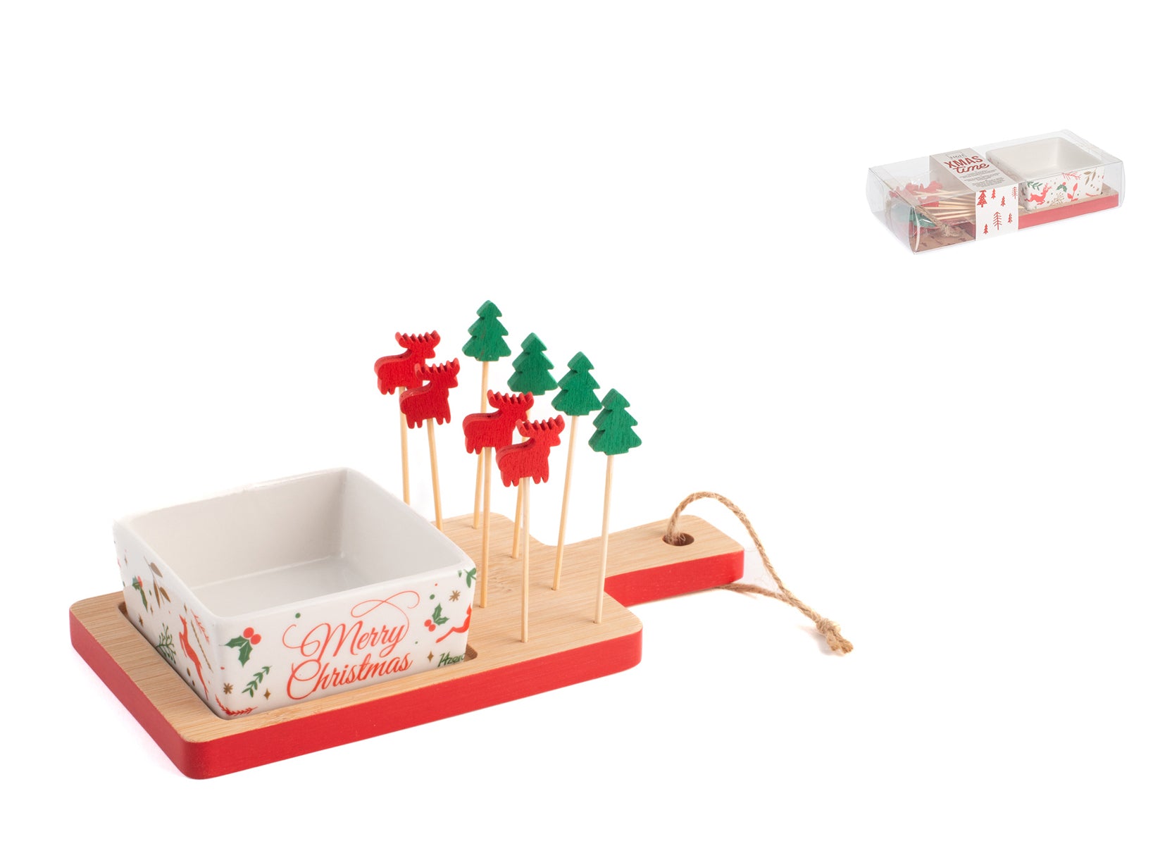 Coppetta in porcellana decoro natale con vassoio in bambù e 8 stuzzicadenti decorati.