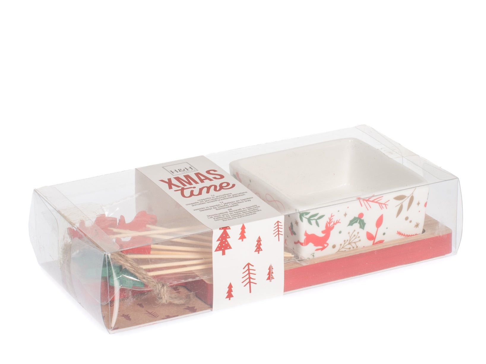 Coppetta in porcellana decoro natale con vassoio in bambù e 8 stuzzicadenti decorati.
