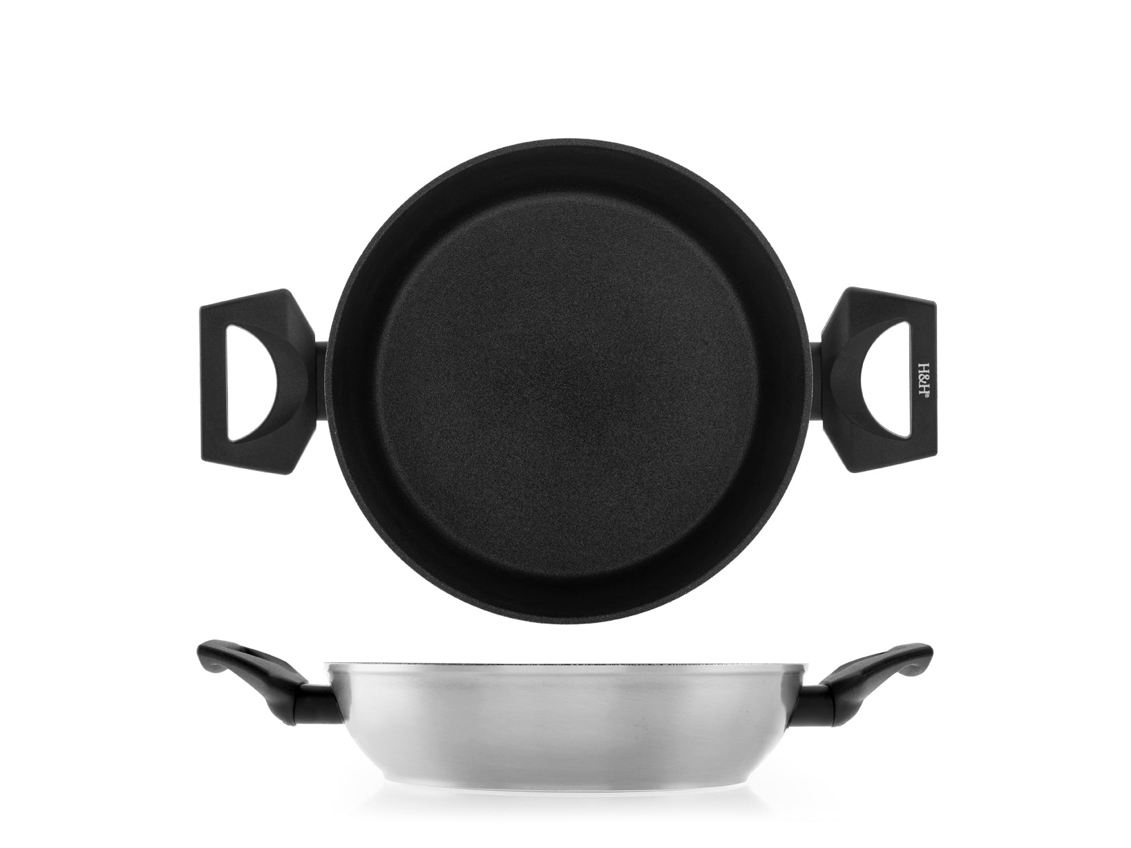 Tegame 2 manici Legend in alluminio coniato con rivestimento in antiaderente Pfluon cm 24 colore argento. Fondo adatto a tutti i piani cottura inclusi vetroceramica ed induzione. Idoneo al lavaggio in lavastoviglie.