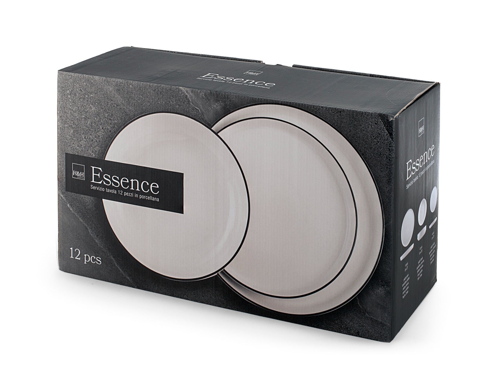 Servizio tavola 12 pezzi Essence Black in porcellana bianca con bordo nero