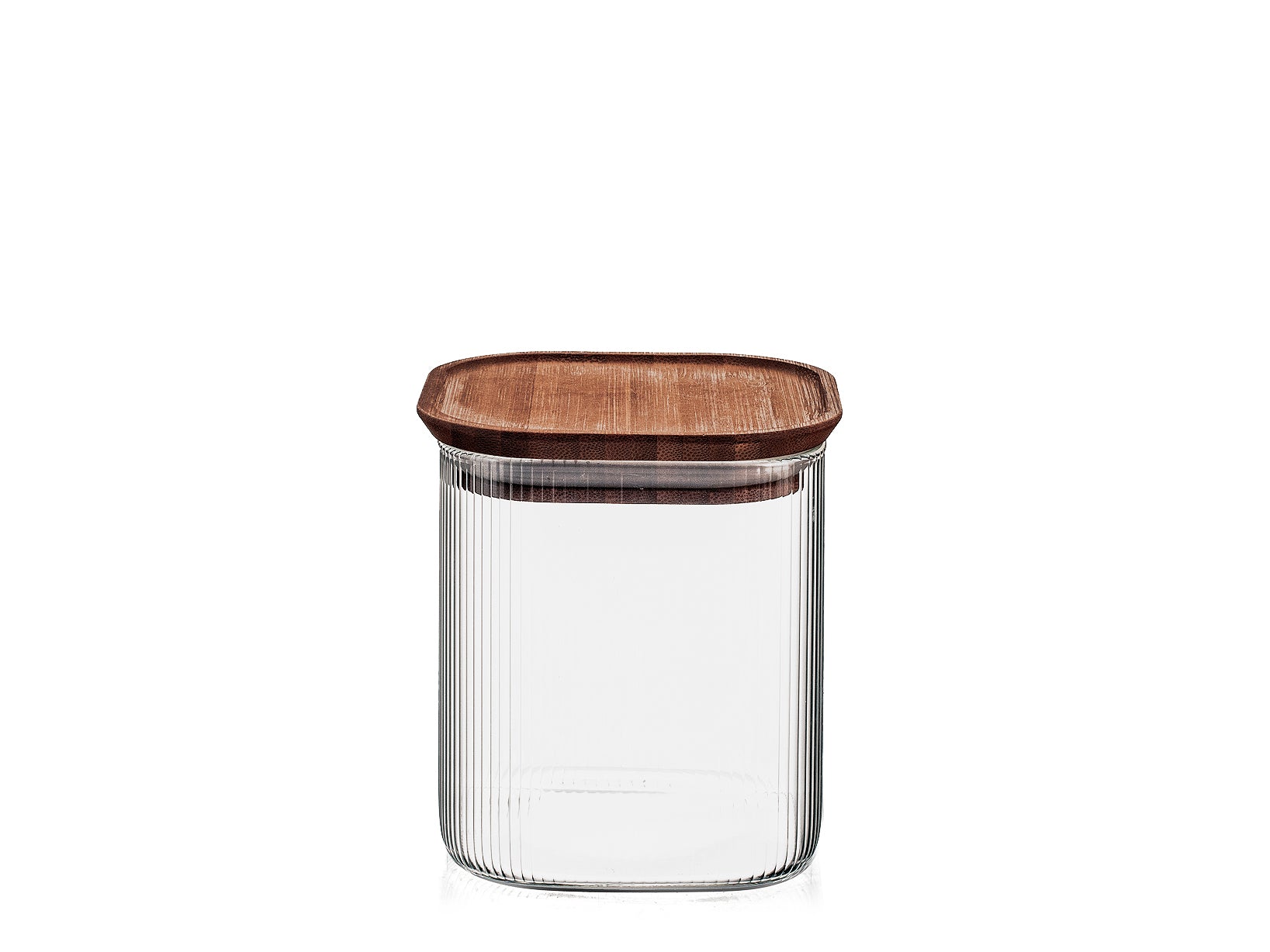 Barattolo in vetro borosilicato trasparente rigato con tappo in legno bambù forma quadra lt 0,85. Idoneo al lavaggio in lavastoviglie senza tappo.