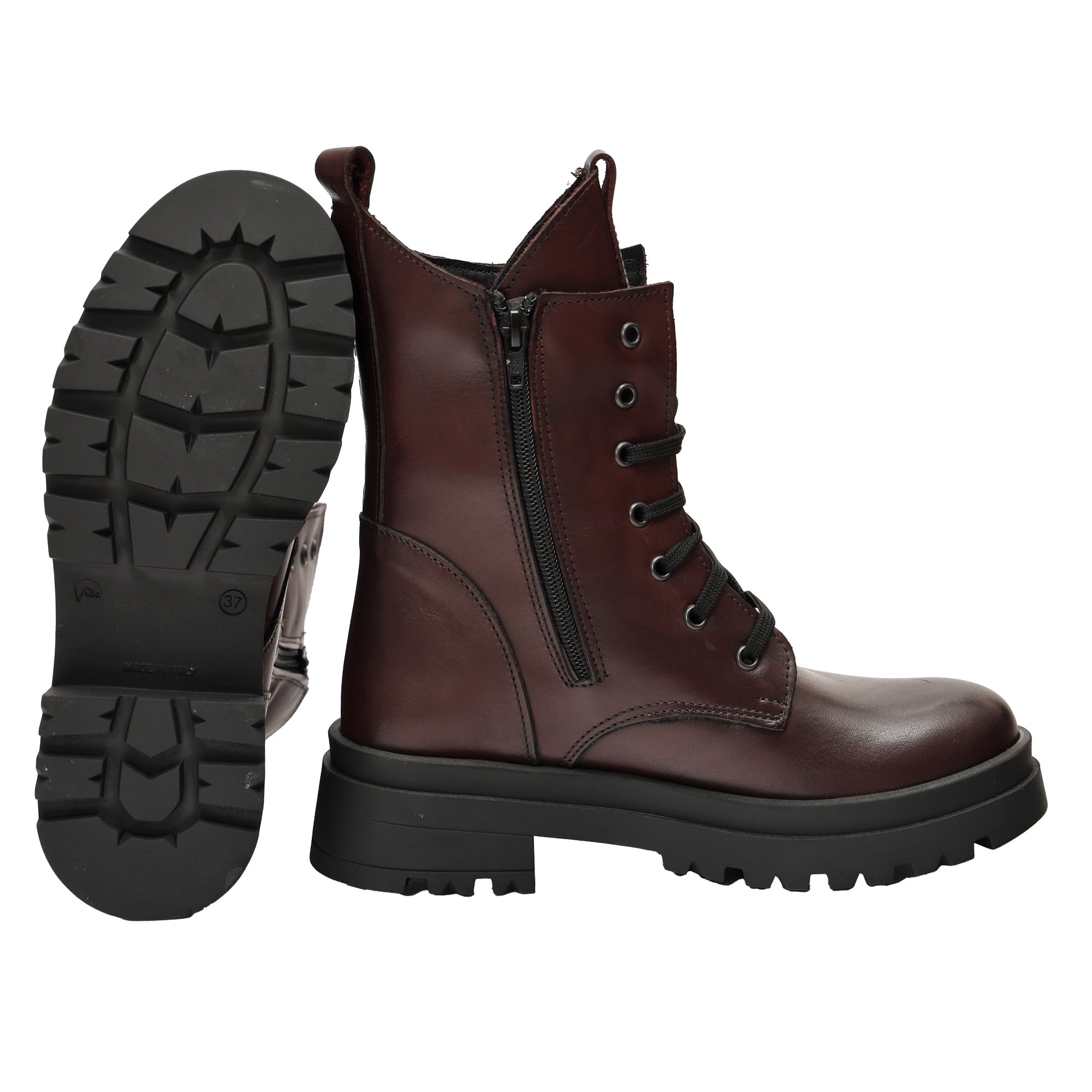 Anfibi in vera pelle con stringhe  Bordeaux