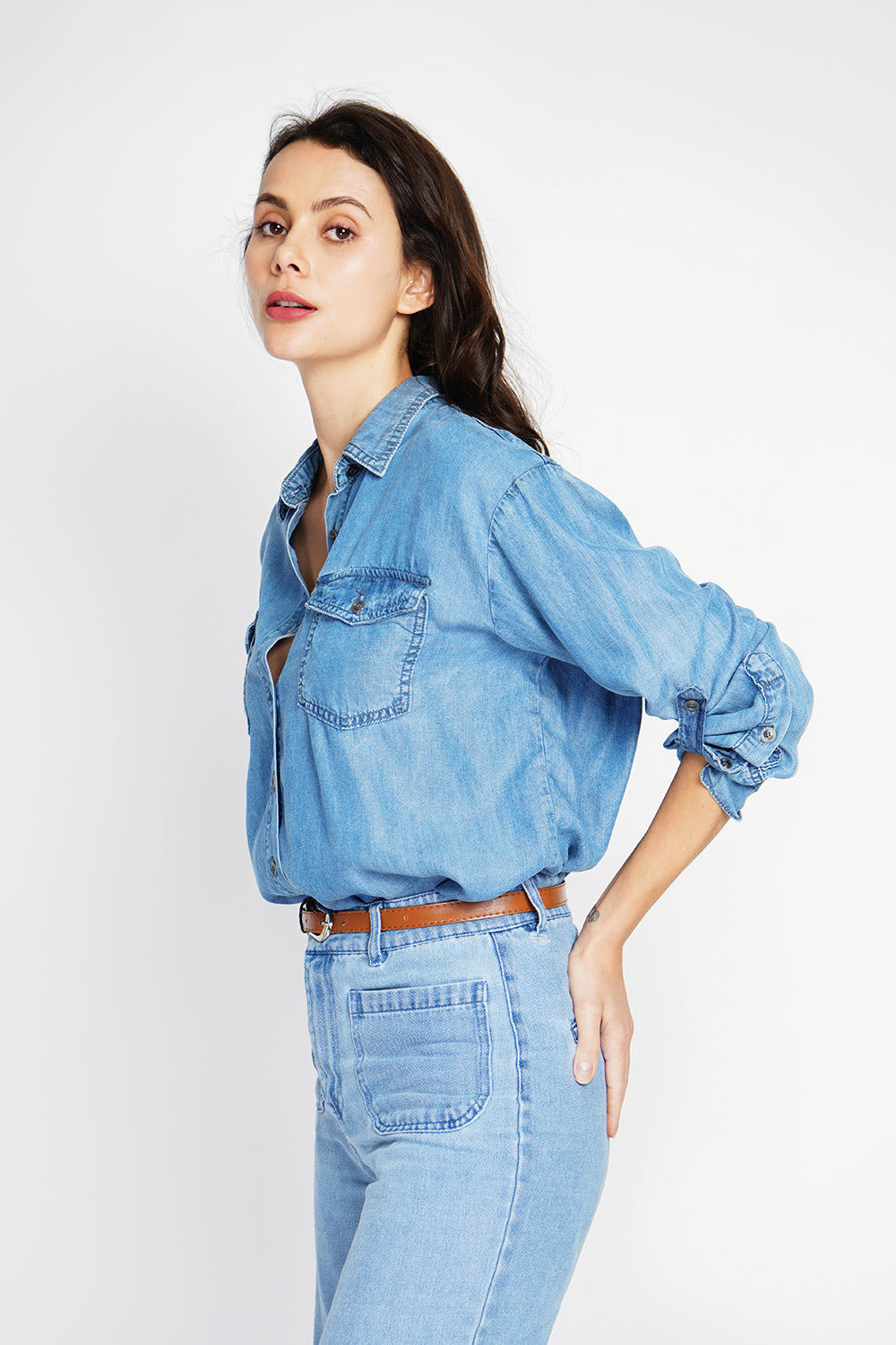 Camicia in denim a maniche lunghe con tasche JEANS BLU