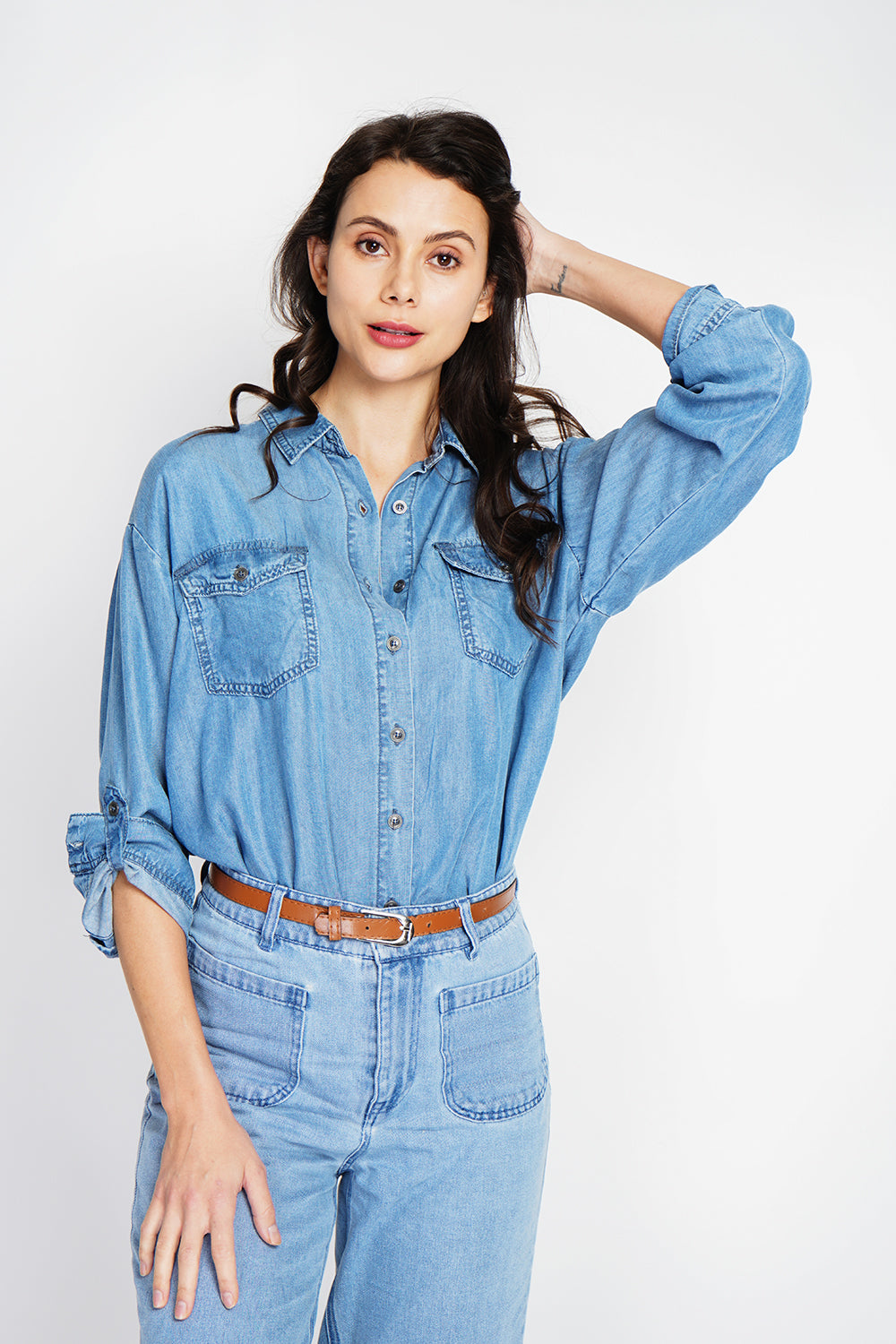 Camicia in denim a maniche lunghe con tasche JEANS BLU
