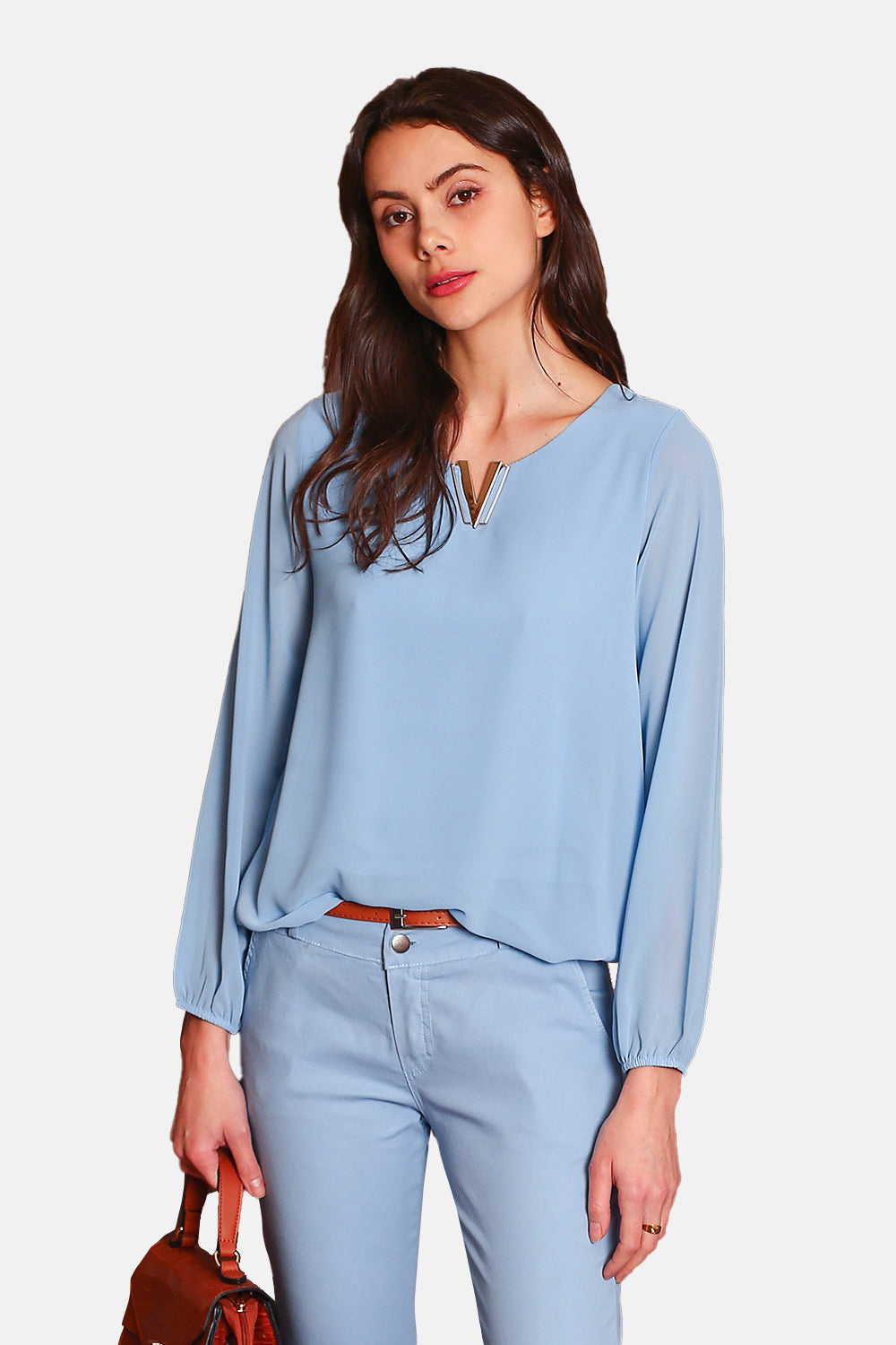 Top elegante con scollo a V e maniche lunghe AZZURRO