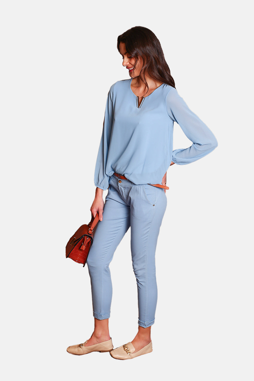 Top elegante con scollo a V e maniche lunghe AZZURRO