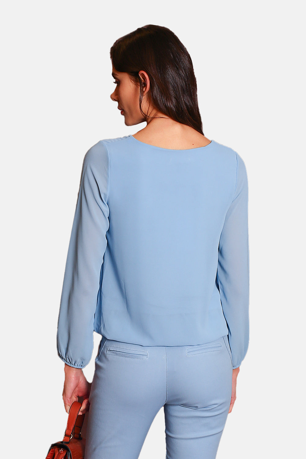 Top elegante con scollo a V e maniche lunghe AZZURRO