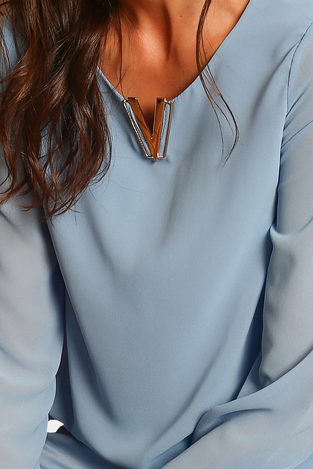 Top elegante con scollo a V e maniche lunghe AZZURRO