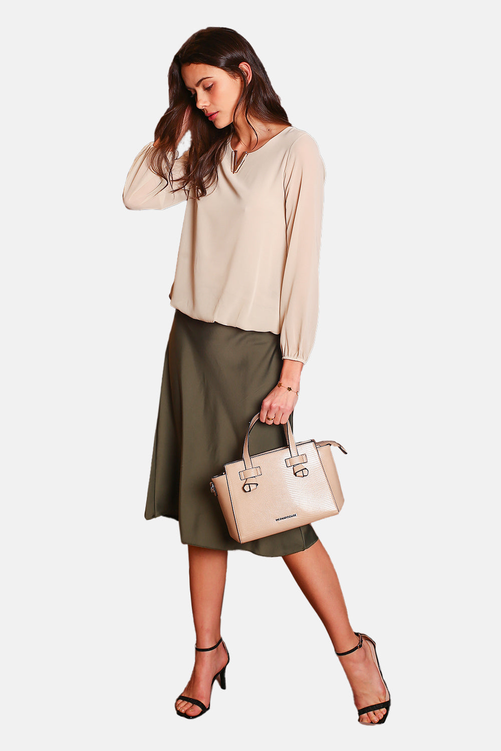 Top elegante con scollo a V e maniche lunghe BEIGE