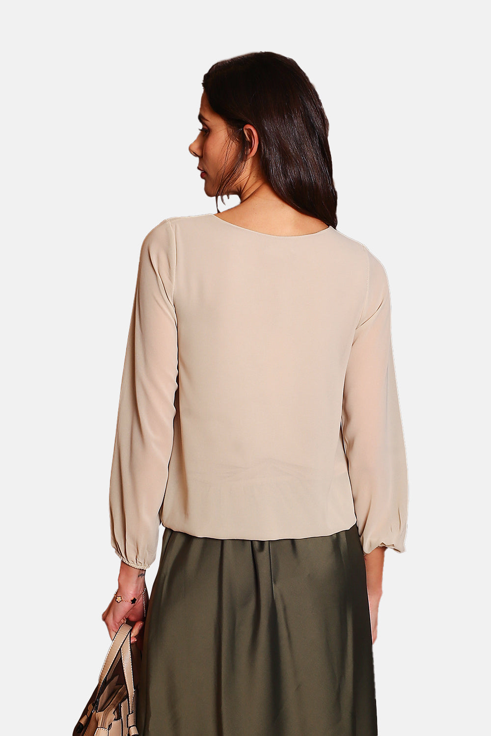 Top elegante con scollo a V e maniche lunghe BEIGE