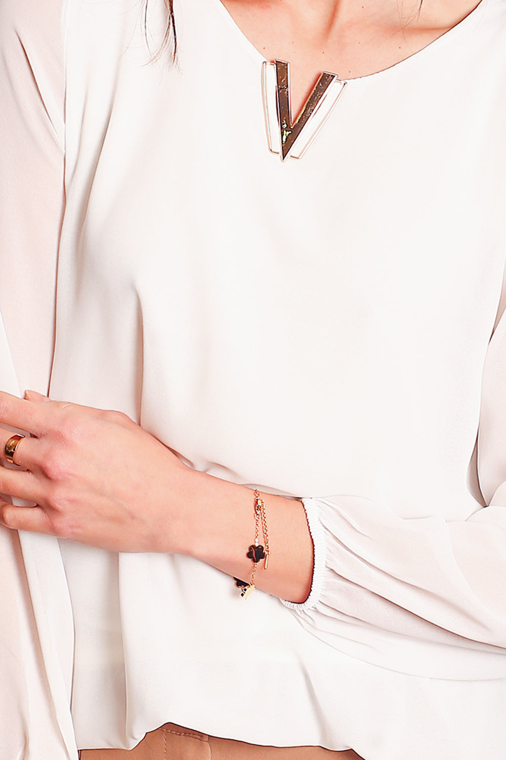 Top elegante con scollo a V e maniche lunghe BIANCO