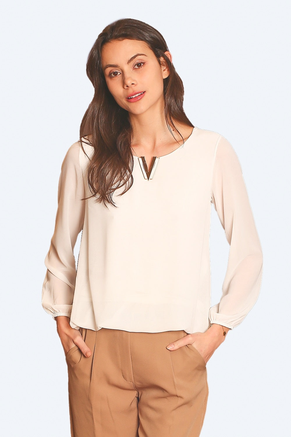 Top elegante con scollo a V e maniche lunghe BIANCO